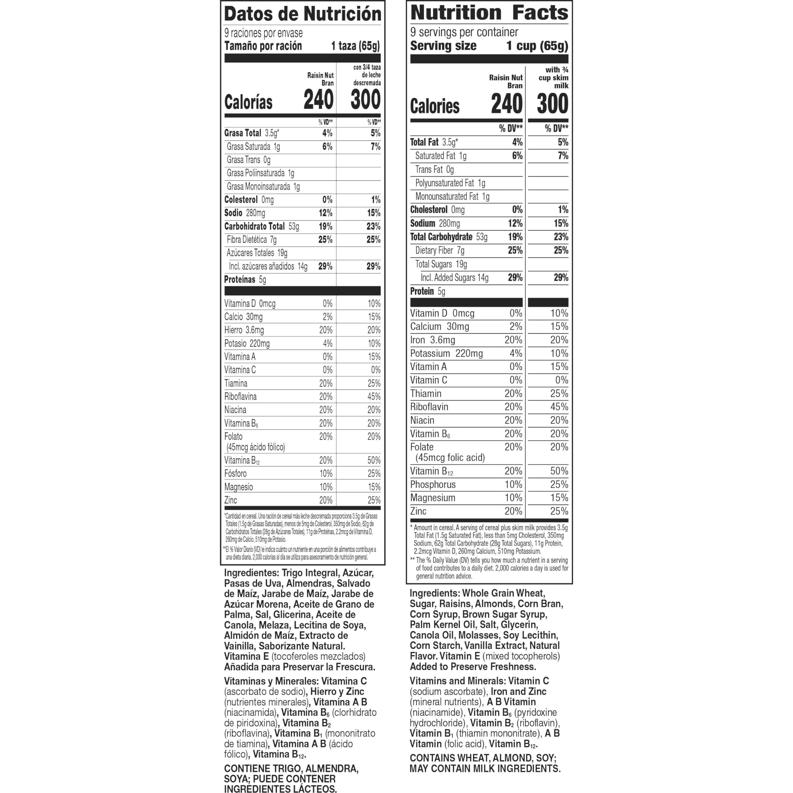 Raisin Nut Bran Raisin Nut Bran Cereal, High Fiber Cereal Made with Whole Grain, 20.8 oz