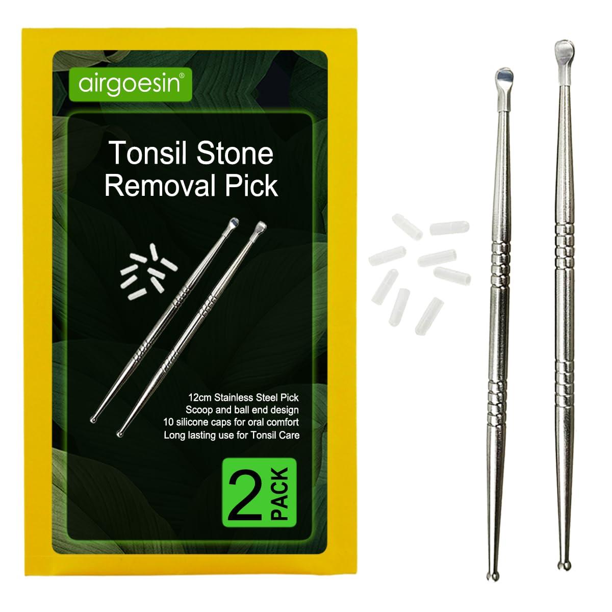 airgoesin Airgoesin 2pcs Tonsil Stone Removal Pick Tonsillolith Premium Tool Stainless Steel Oral Cleaner with 10 Soft Silicone Caps