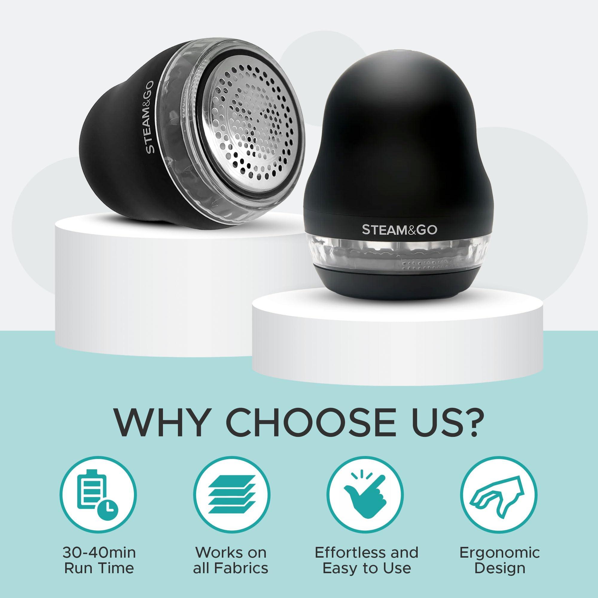 Steam and Go Steam & Go - Fabric Defuzzer, Rechargeable Fabric Shaver and Lint Remover, Portable Sweater Shavers to Remove Pilling, Fuzz, and Fluff, Lint Remover for Clothes and Beddings, Easy to Use Black