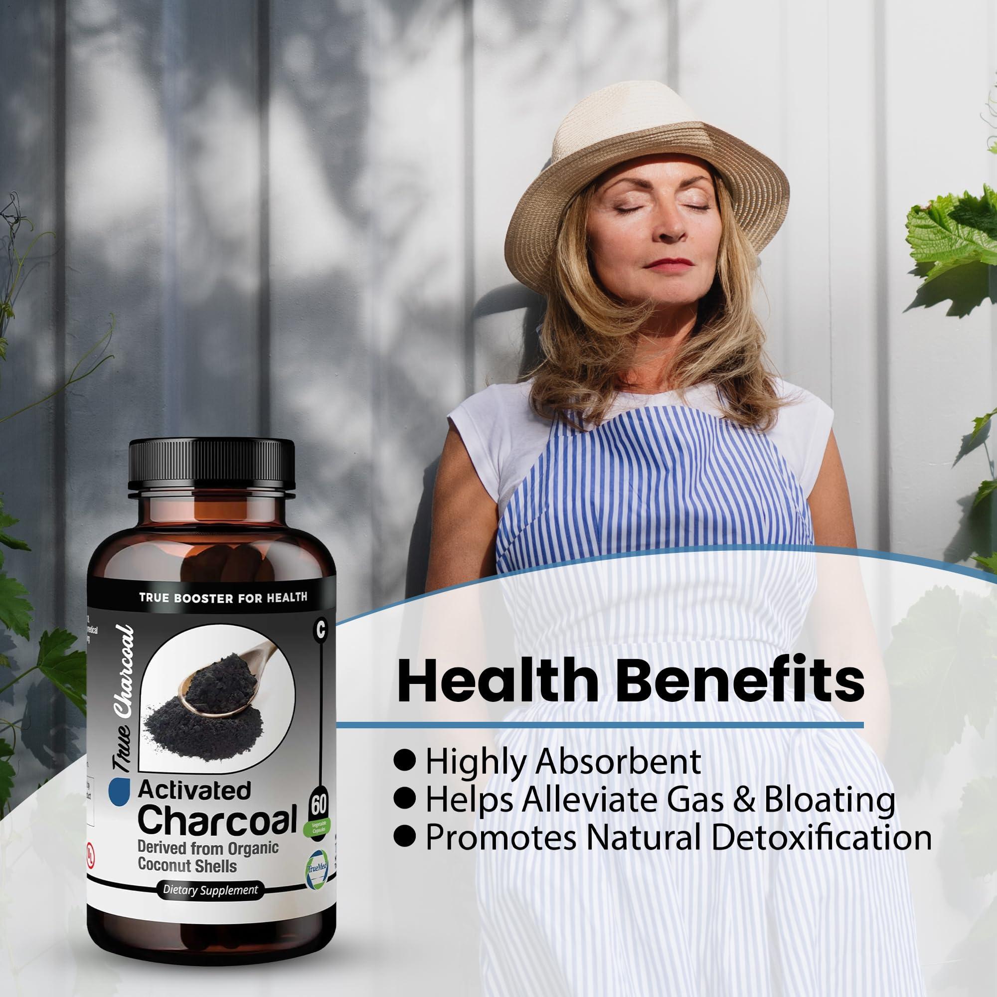 TRUEMED TRUEMED Activated Charcoal Organic Coconut Shell Derived Charcoal Capsule,1200mg, 60 Capsules, Support Detox & Digestive Health, Activated Charcoal Capsules for Health-Conscious Individuals