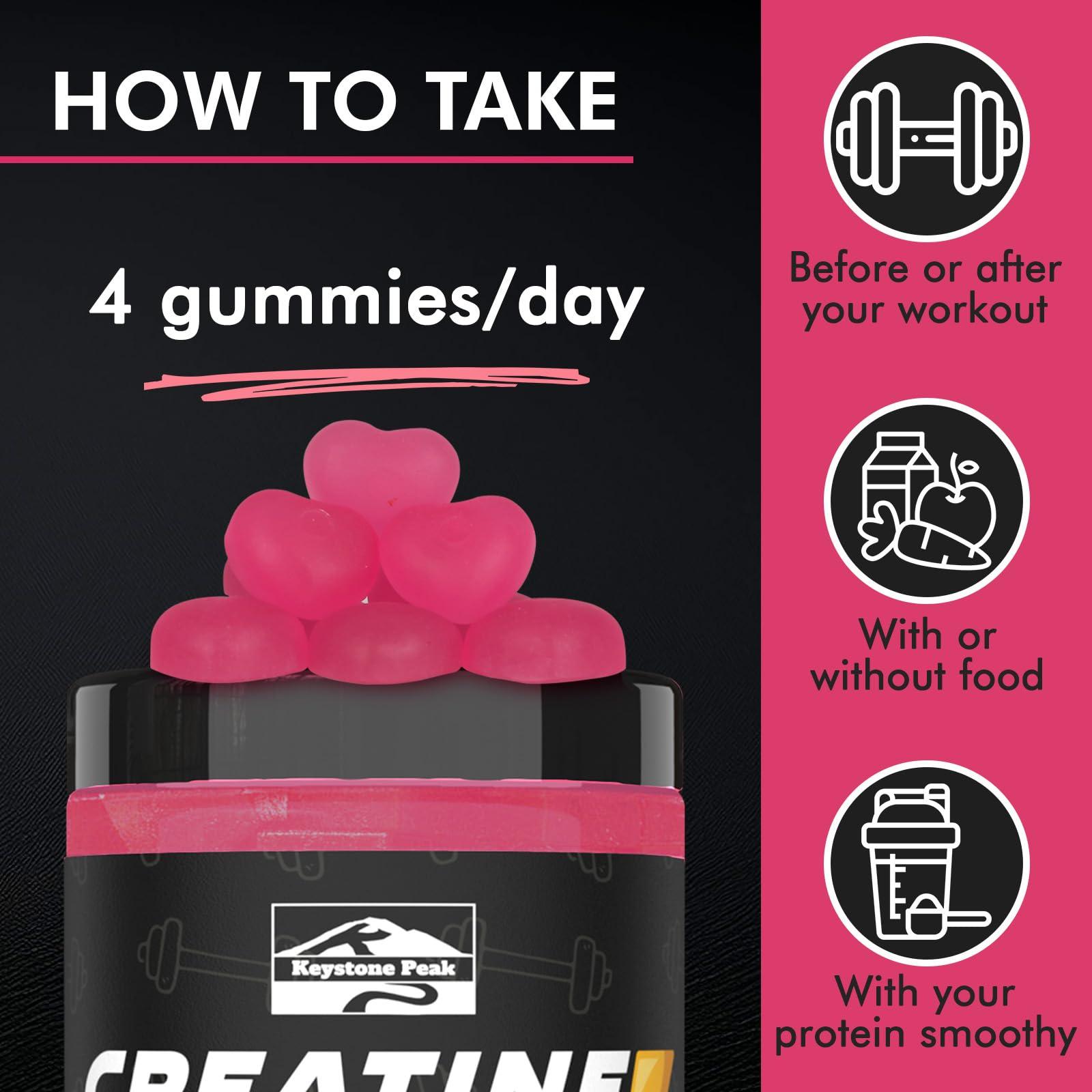Keystone Peak KP Creatine Monohydrate Gummies Pink Lemonade for Men & Women, 100% Creatine Pink Lemonade Gummies, 5g per Serving + Vegan, Sugar Free + Strength, Energy, Muscle & Booty Gain - 120 Count