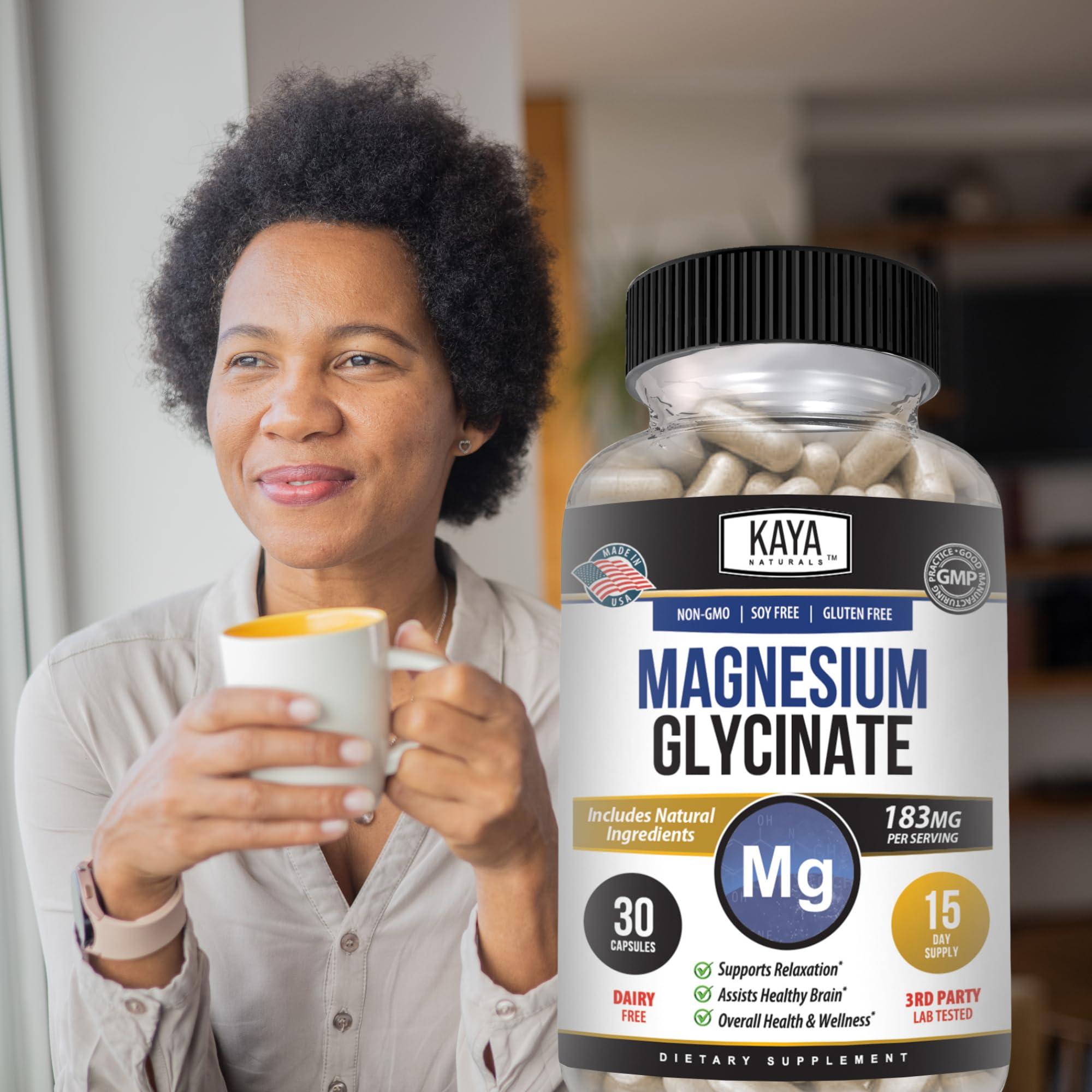 Kaya Naturals Kaya Naturals Magnesium Glycinate 183mg per Caps, Chelated for Maximum Absorption, Non-GMO, NO Gluten Dairy & Soy, Supports Muscle, Joint, and Heart Health (30 Count (Pack of 1))