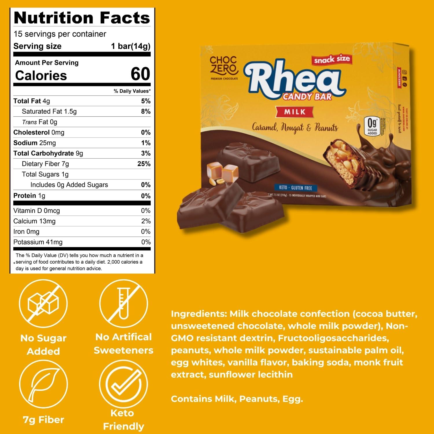 ChocZero ChocZero Milk Chocolate Peanut & Caramel Nougat Candy Bar, Zero Sugar Added, High Fiber, Sharing Size Rhea Bars (15 per Box)