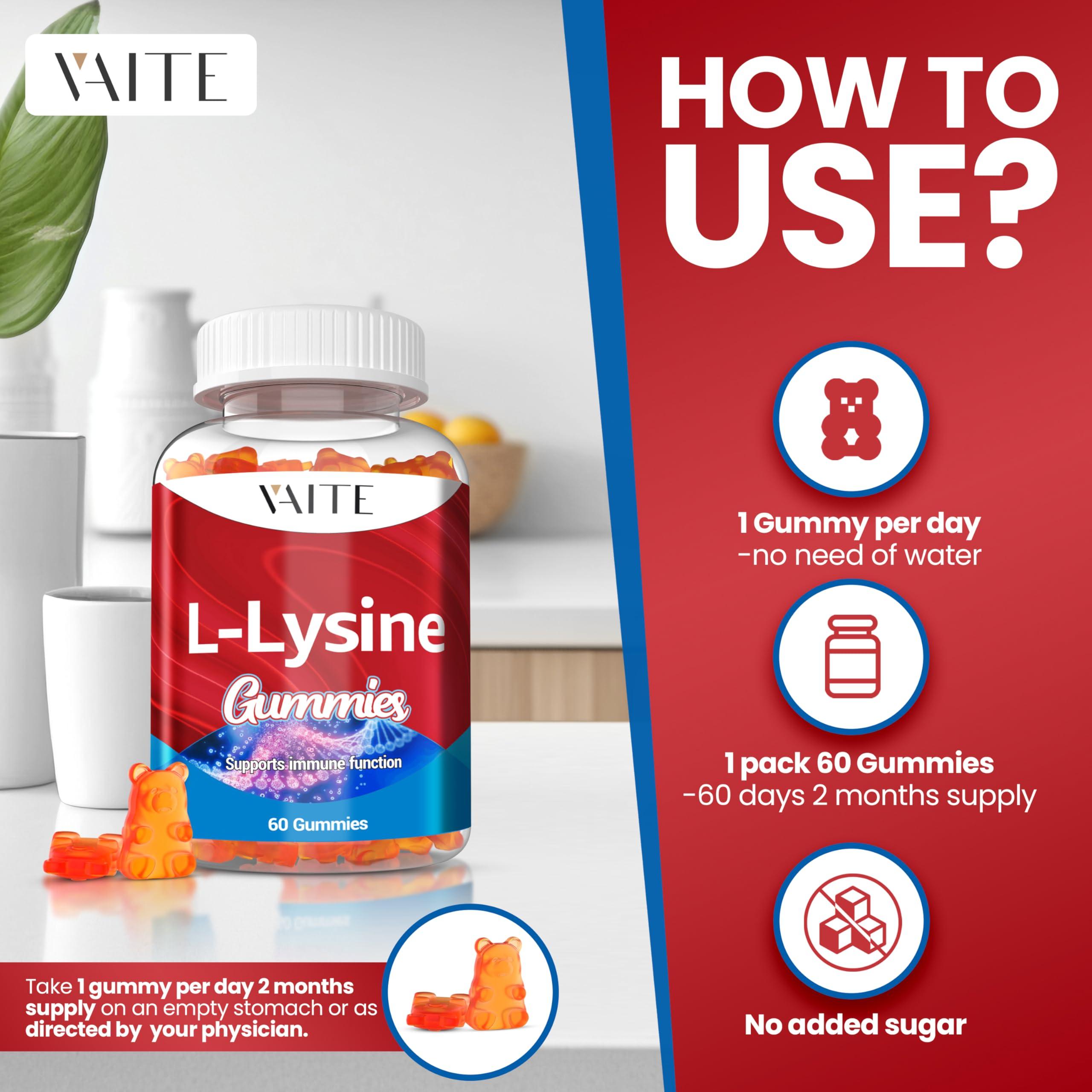 VAITE L-Lysine 1000mg Gummies - Supports Skin, Lip, Vegan, Gluten Free, Vitamins for Adults Tissue Health & Immune System, Chewables, Amino Acid Vitamin Supplement & Complex Supplements, Non-GMO