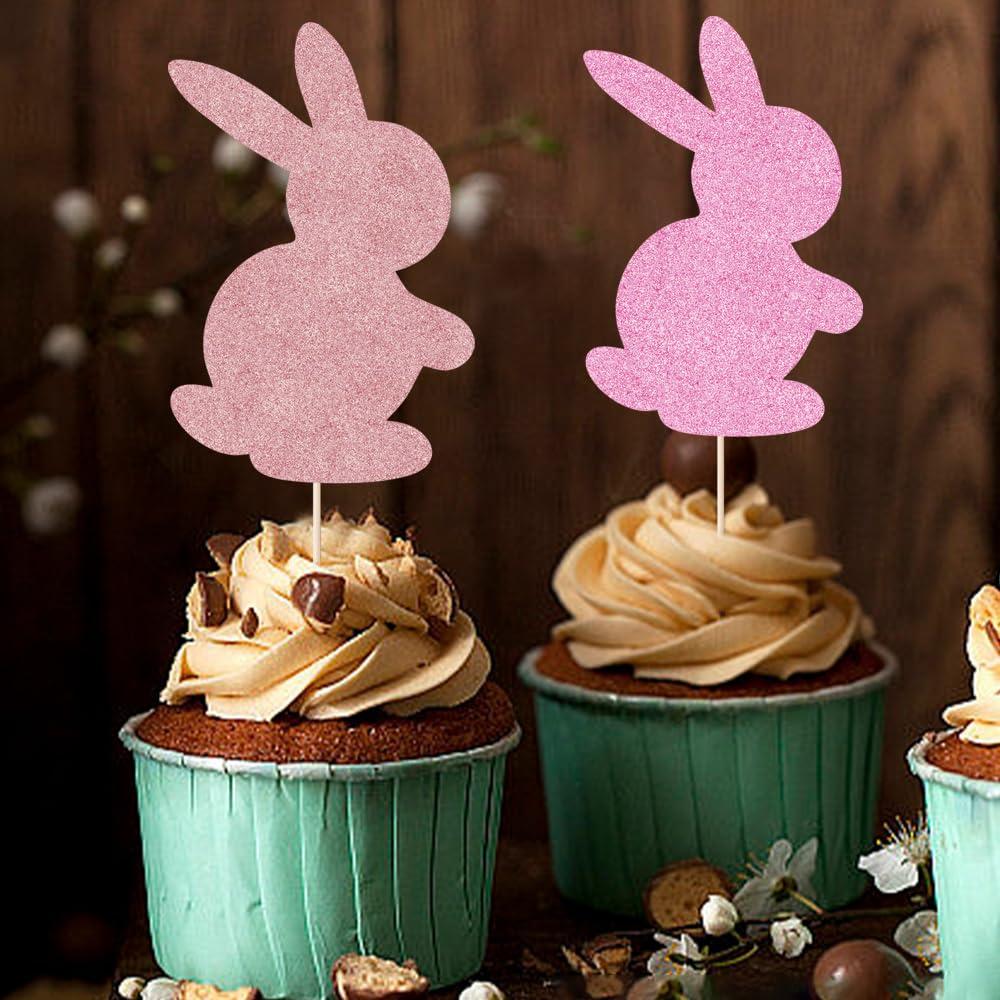 Sodasos Sodasos 25 Pack Easter Rabbit Cake Topper, Colour Happy Easter Bunny Happy Easter Cupcake Picks for Easter Spring Birthday Party Baby Shower Cake Decorations