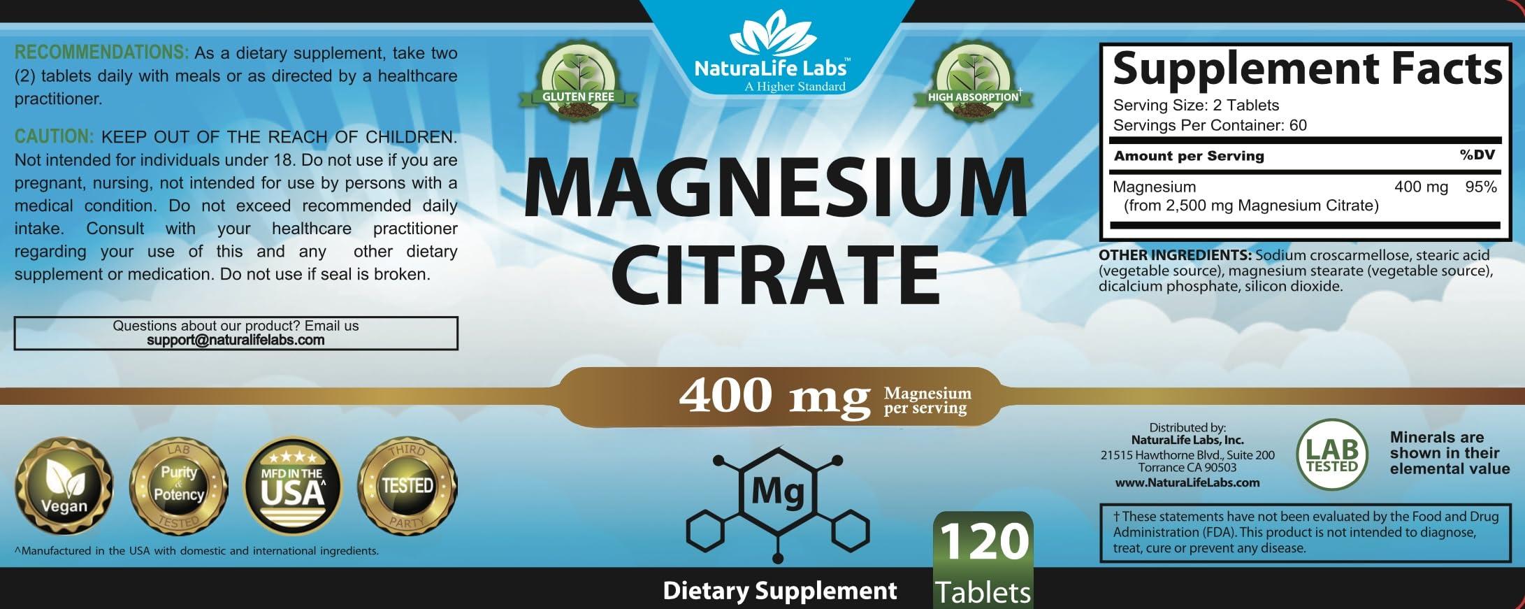 NaturaLife Labs Magnesium Citrate 400 mg - High Potency Elemental Magnesium Essential Mineral for Heart, Muscle, & Digestion Support Non-GMO - 120 Tablets