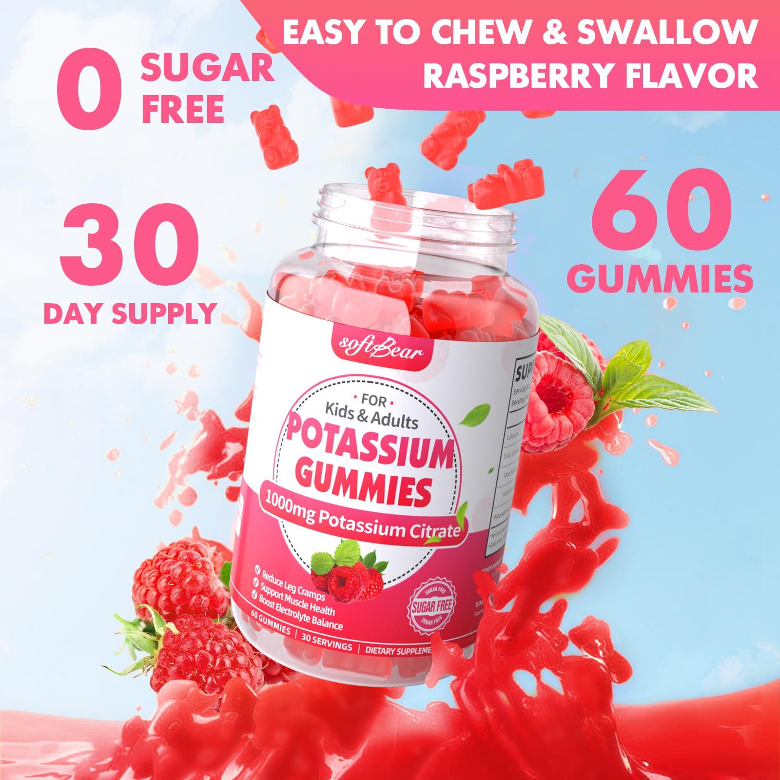 softbear softbear Potassium Gummies for Adults, High Potency Potassium Citrate 1000mg Supports Leg Cramps & Muscle Health Organic Potassium Supplement Gummies Raspberry Flavor 120 Count