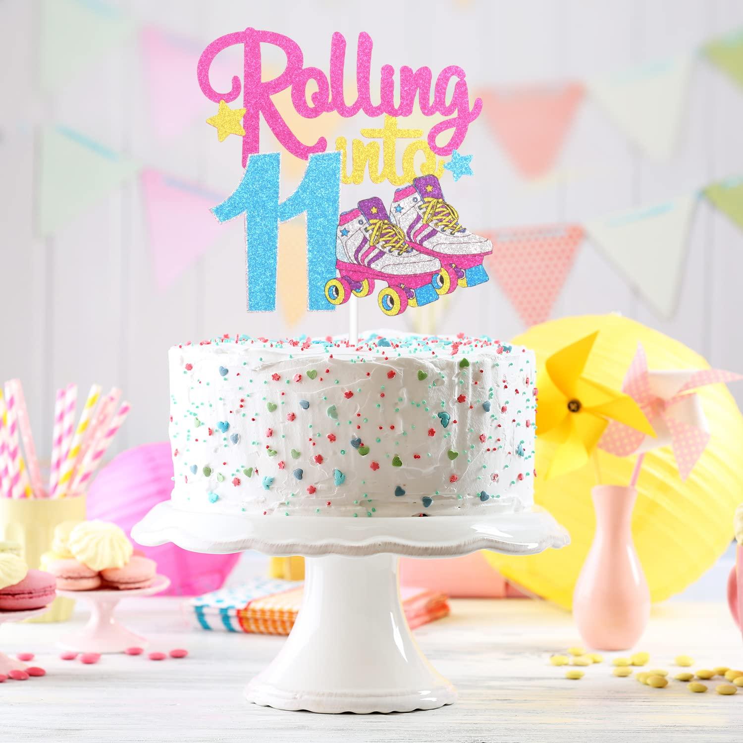 Caiwowo Rolling Into 11 Roller Skating Happy Birthday Cake Topper - 90's Throwback Girl's 11th Birthday Party Cake Topper Supplies - Roller Skating Party Supplies For Girls