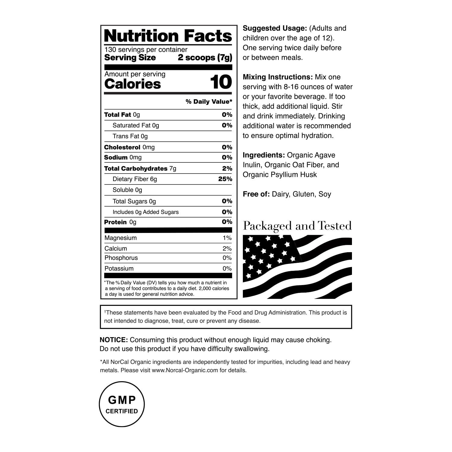 NorCal Organic Norcal Organic Fiber - 2lbs | Prebiotics & Psyllium Husk Blend | Gluten-Free, Non-GMO, Soluble & Insoluble Fiber Supplement