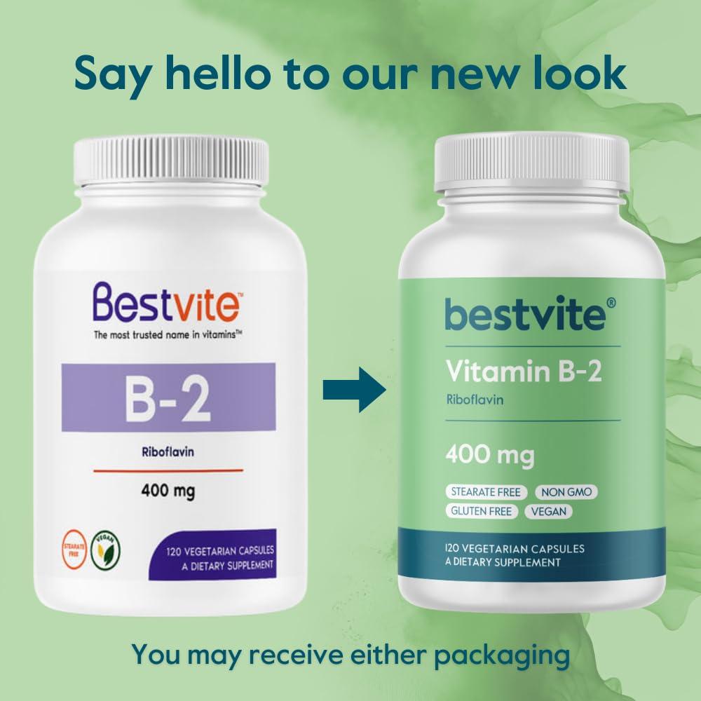 BESTVITE BESTVITE Vitamin B-2 (Riboflavin) 400mg (240 Vegetarian Capsules) (120 x 2) - No Stearates - Vegan - Non GMO - Gluten Free