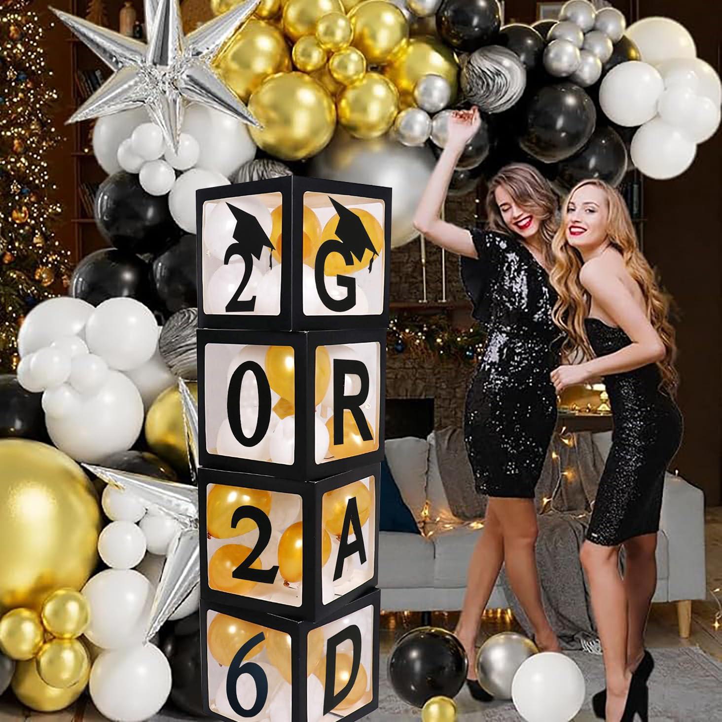 JUICYRAUL 2025 2026 Graduation Party Decorations Graduate Balloon Boxes, 4 Pieces Black Balloon Boxes with Letters of GRAD, 2025 2026 for Graduation Party Supplies, Class of 2026 School Grad Party Supplies