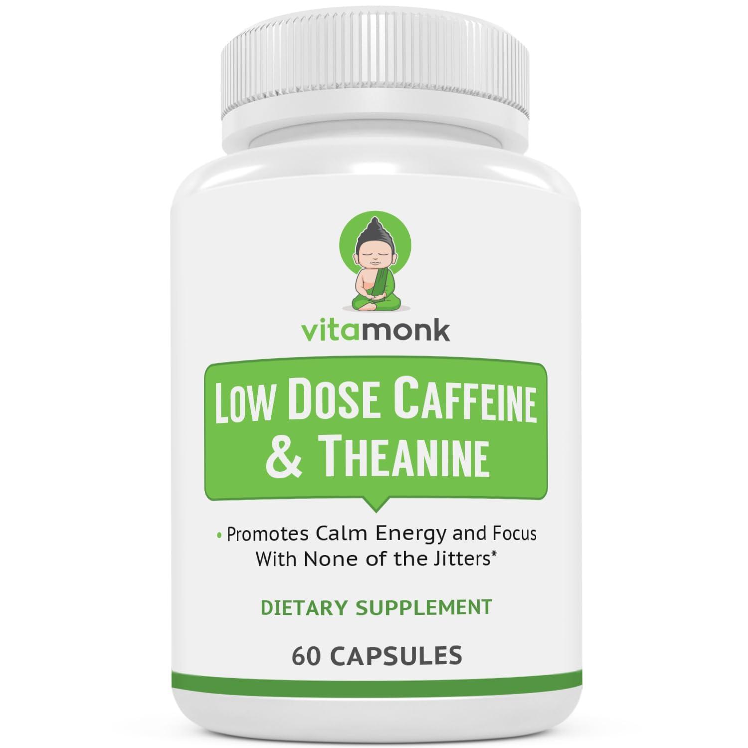 VitaMonk VitaMonk Low Dose Caffeine and Theanine - No Jitters, No Crash- Microdose of Caffeine L Theanine Pills with Caffeine Theanine and Theobromine - 25mg of Caffeine, Caffeine Pills L Theanine - 60 Caps