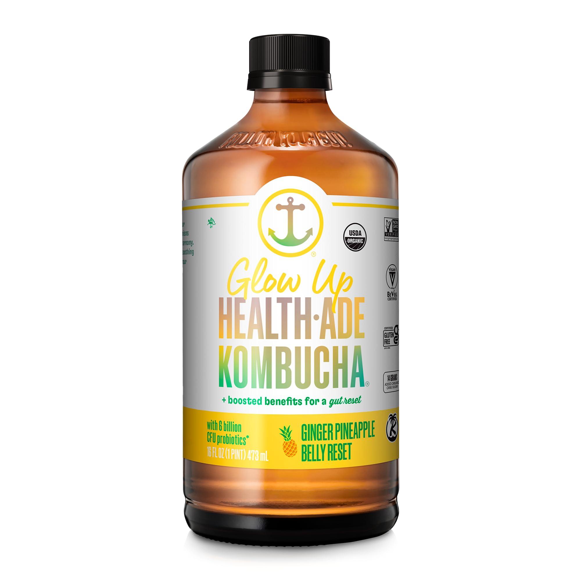 Health-Ade Health-Ade Kombucha Tea Organic Drink, Fermented Tea with Living Probiotics, Detoxifying Acids, Supports Gut Health, Non-GMO, Vegan, Gluten Free, 12 Pack (16 Fl Oz Bottles), Ginger Pineapple Belly Res