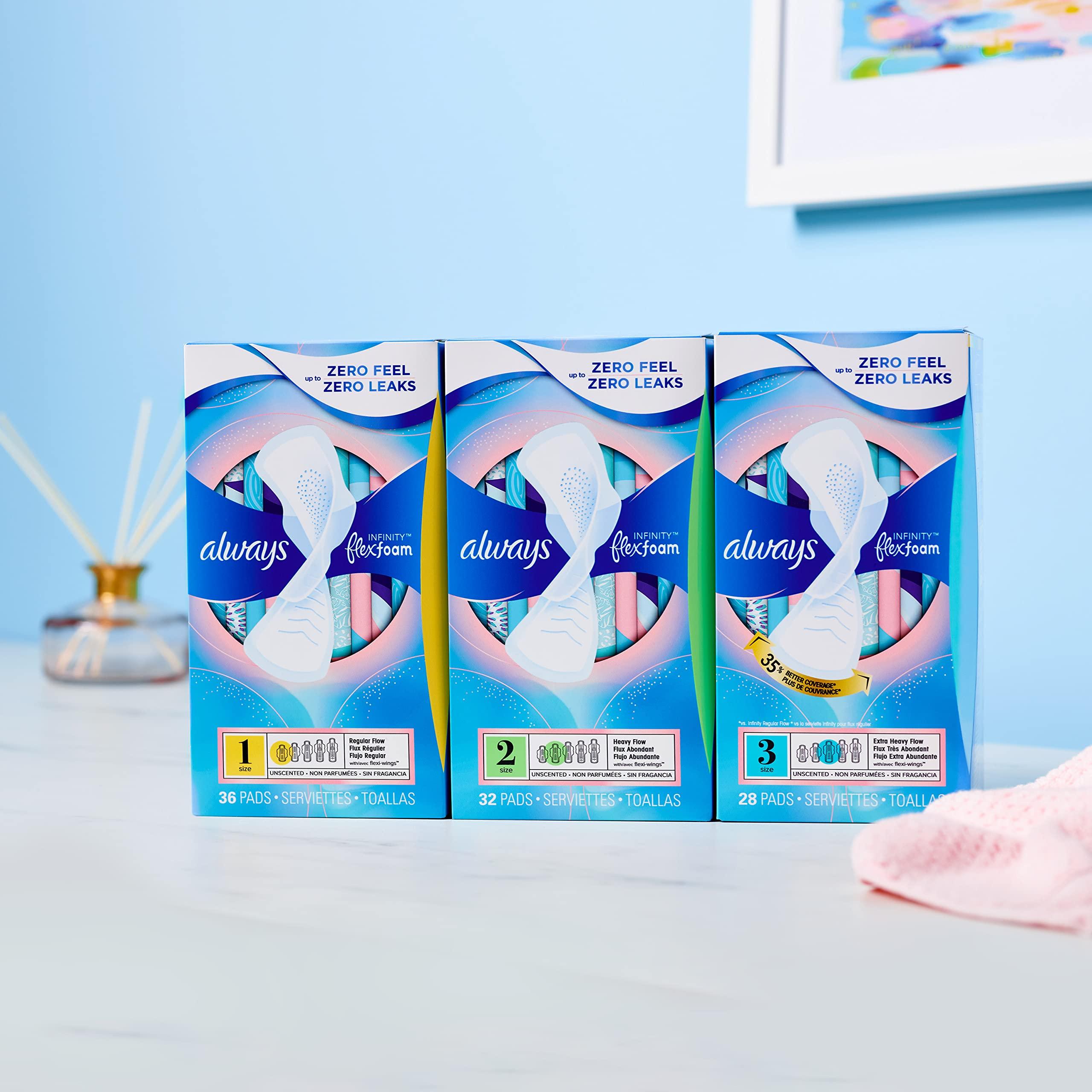 Always Always Infinity Feminine Pads for Women, Size 3, Extra Heavy Flow, with wings, Unscented, 28 CT