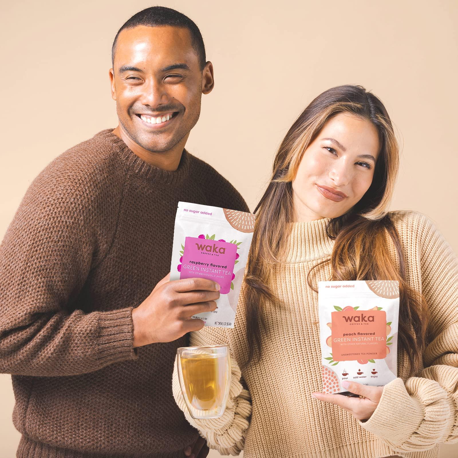 Waka Coffee Waka Instant Tea Mix, 2 Bag Bundle - 100% Tea Leaves, No Additives, Unsweetened Tea Powders - Raspberry Flavored & Peach Flavored Green (4.5oz Each)