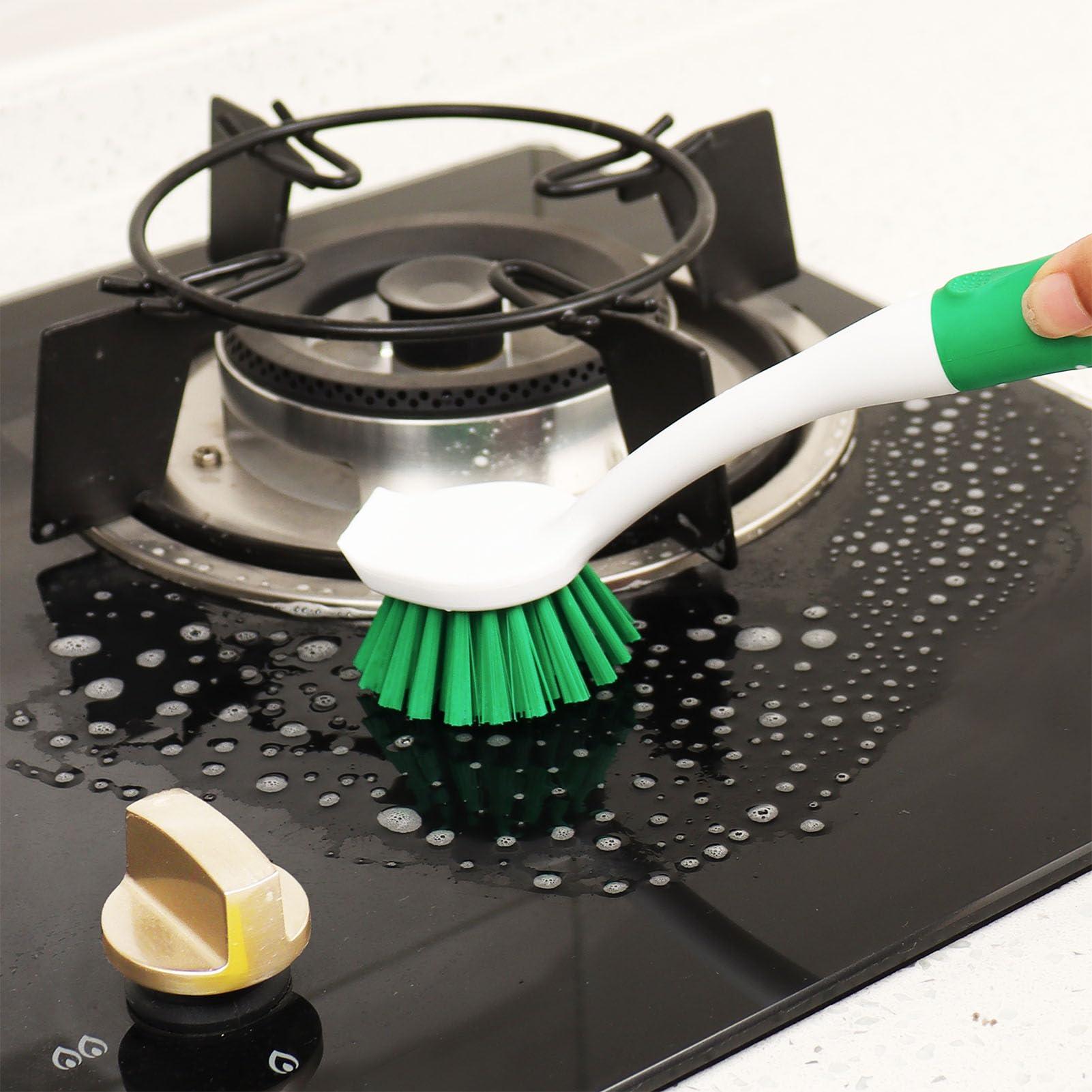 HileSwan 2 Pack Dish Brush with Handle, Dish Cleaning Brushes with Built-in Scraper, and 12 Pack Kitchen Sponges, Natural Dish Scrub Sponge, Non-Scratch Scrubber,