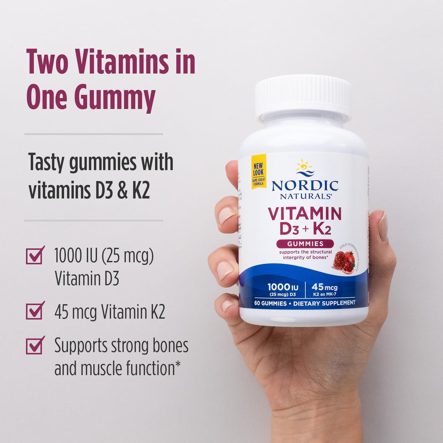 Nordic Naturals Nordic Naturals Vitamin D3 + K2 Gummies, Pomegranate - 60 Gummies - 1000 IU Vitamin D3 + 45 mcg K2 - Great Taste - Bone Health, Promotes Healthy Muscle Function - Non-GMO - 60 Servings