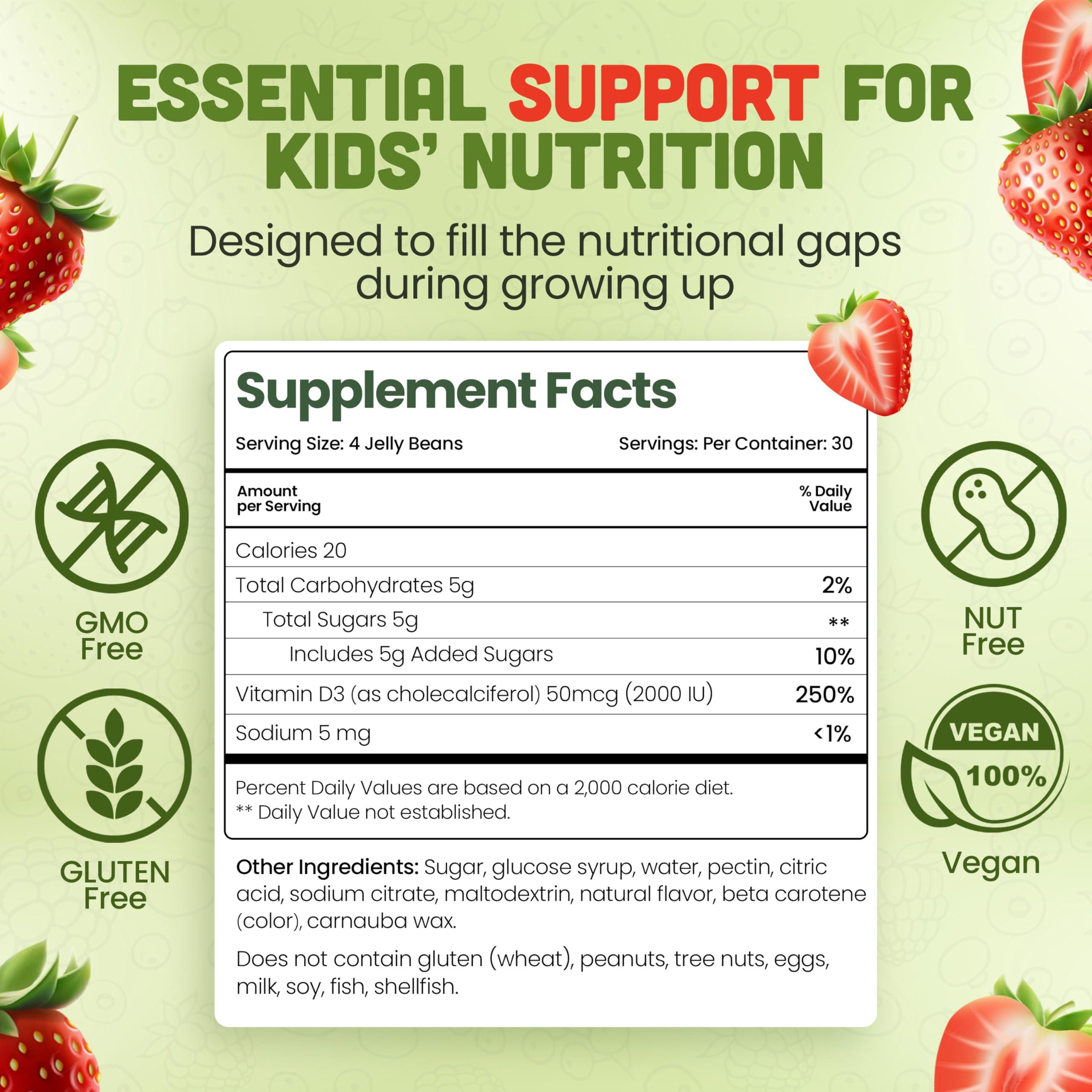 BeElevated BeElevated Vitamin D3 Jelly Beans - Chewable Vitamins Gummies for Kids Immune Support - Multivitamin Supplements for Bone & Joint Support - 2,000 IU Vegetarian Gummy - 120 Strawberry Flavor Beans