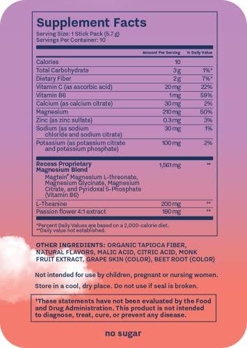 Drink Recess Inc. Recess Mood Powder, Calming Magnesium L-Threonate Blend with Passion Flower, L-Theanine, Electrolytes, Magnesium Calm Support Supplement