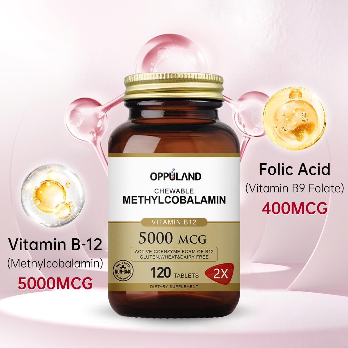 oppuland oppuland Vitamin B12 (Methylcobalamin) 5000 mcg, Folic Acid (Vitamin B9 Folate) Improve The Symptoms of Cirrhosis and Liver Steatosis 120 Tablets (Orange Flavor)