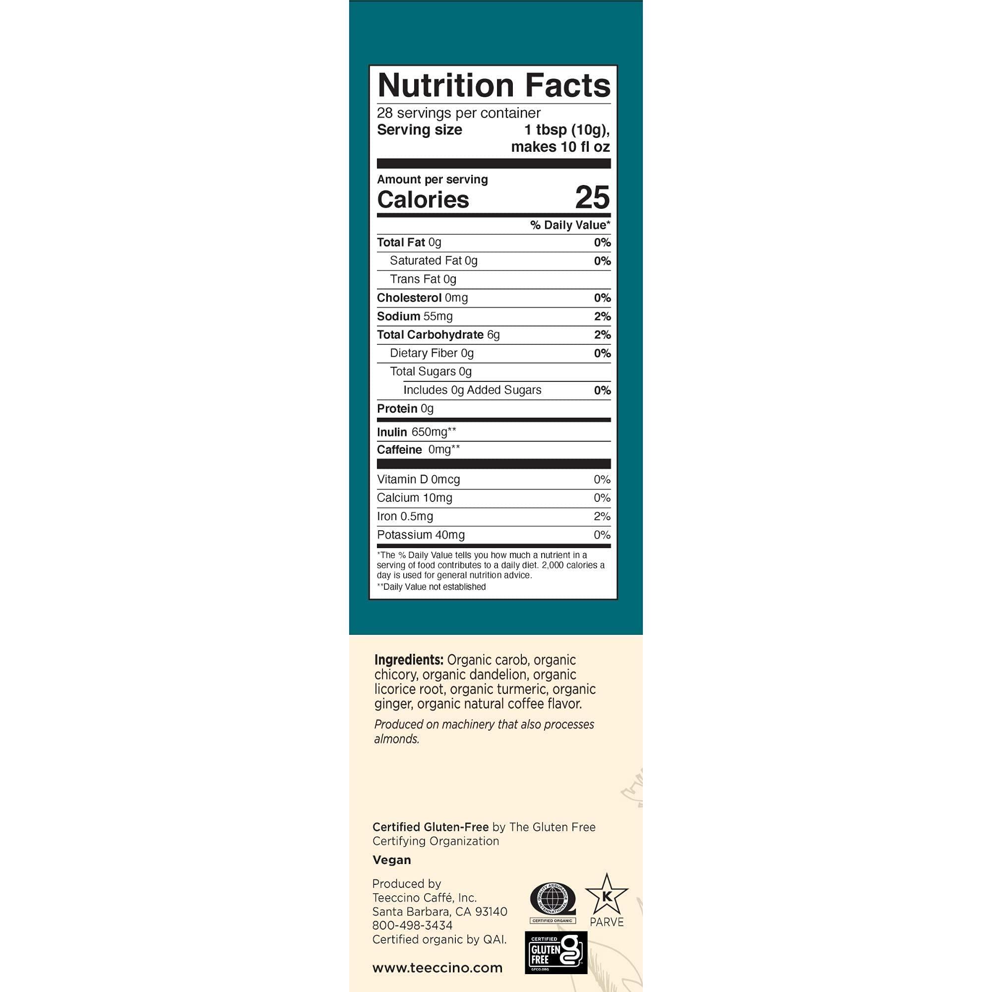 Teeccino Teeccino Dandelion Turmeric Herbal Coffee - Caffeine-Free Coffee Alternative with Prebiotics, Gluten Free, Acid Free, Organic - Medium Roast, 10 oz