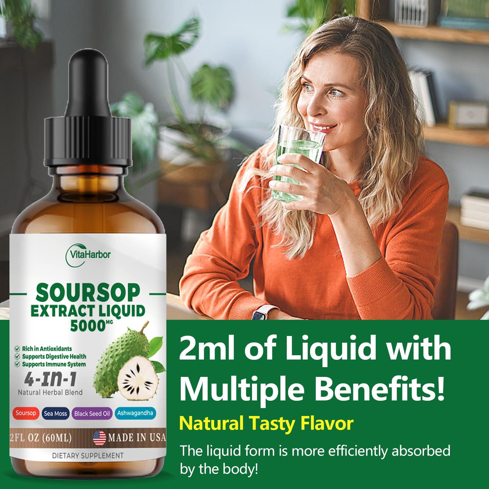VitaHarbor 4-in-1 Soursop Bitters Liquid, Soursop Oil with Sea Moss & Black Seed Oil & Ashwagandha, for Immune & Digestive & Cell Support, Sugar-Free | Non-GMO | Vegan (2 Fl oz) Slightly Sweet Flavor