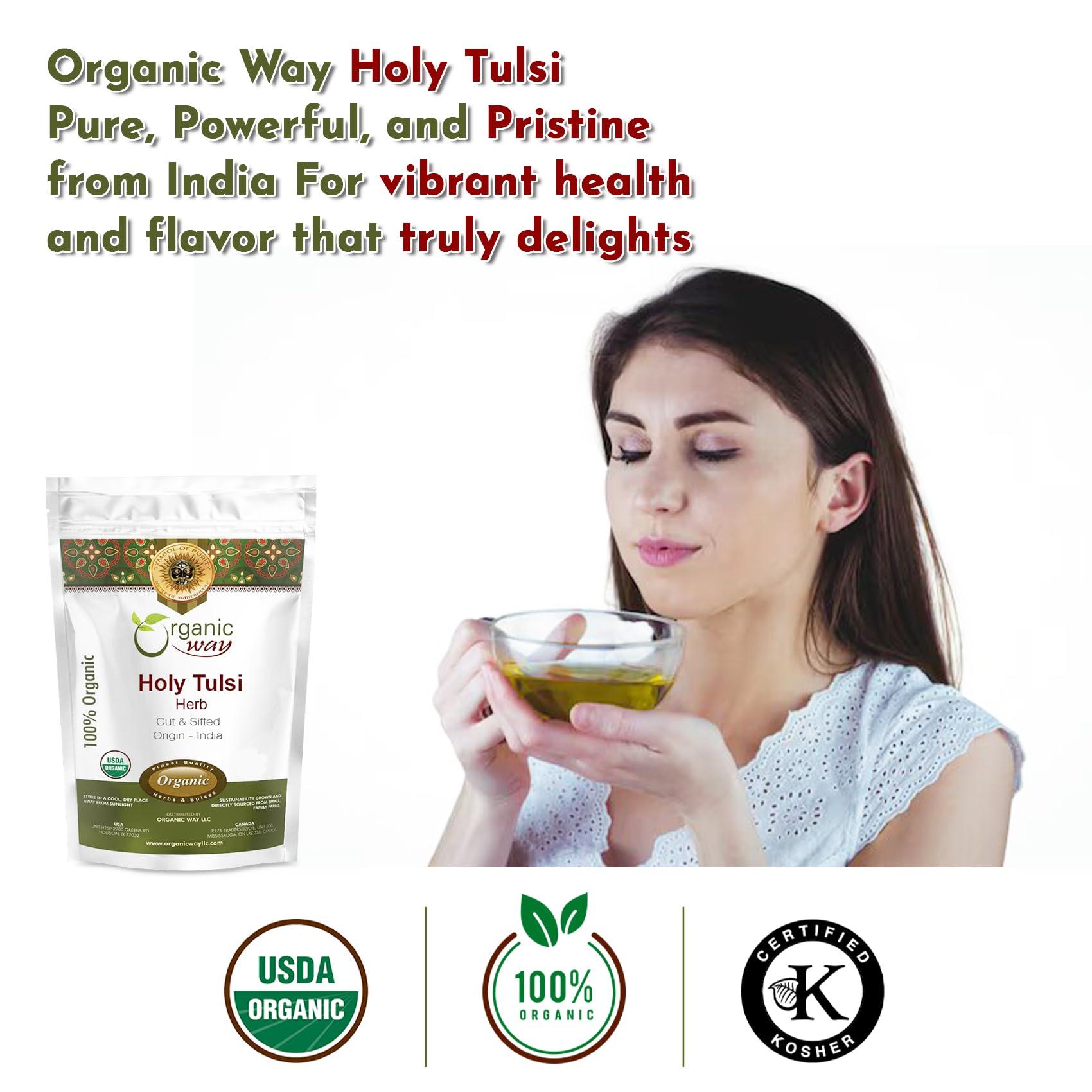 Organic Way Organic Way Holy Tulsi / Holy Basil Herb Cut & Sifted (Ocimum tenuiflorum) - Organic & Kosher Certified | Raw, Vegan, Non GMO & Gluten Free | USDA Certified | Origin - India (1 LBS / 16 Oz)