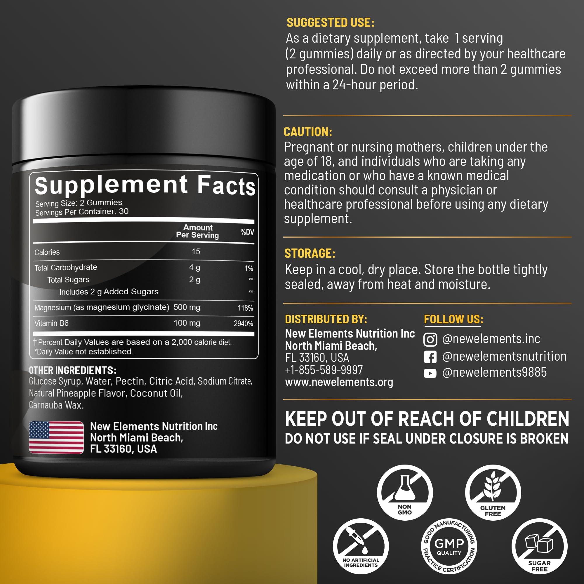 New Elements Magnesium Glycinate Gummies 500mg with Vitamin B6 100mg for Adults and Kids - High Absorption | Non-GMO | No Gluten | Stress Relief | Sleep & Relaxation | Muscle & Heart Support | Natural & Vegan