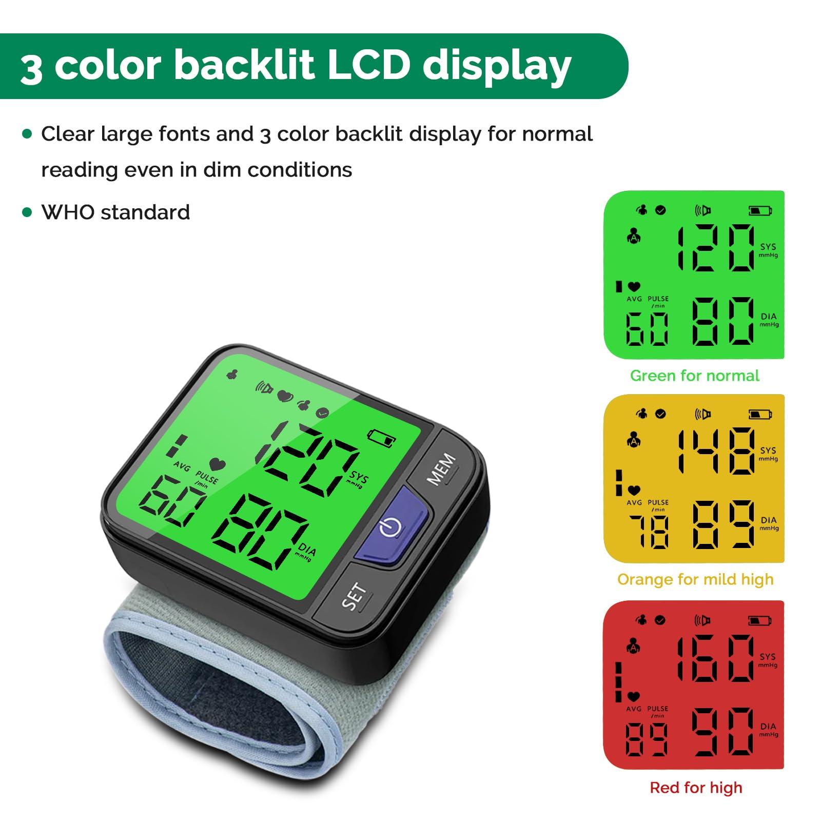 Greetmed Wrist Blood Pressure Monitor Automatic Wrist Bp Monitor with Voice Digital 3 Color Backlit LCD Display 240 Readings for Dual Users Portable Adjustable Cuff Bp Machine for Home Use