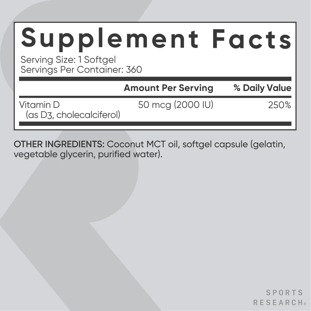 Sports Research Sports Research Vitamin D3 2000iu (50mcg) w/Coconut MCT Oil - High Potency Vitamin D Supplement for Immune & Bone Support - Gluten Free Non-GMO Soy Free 360 Count Softgels