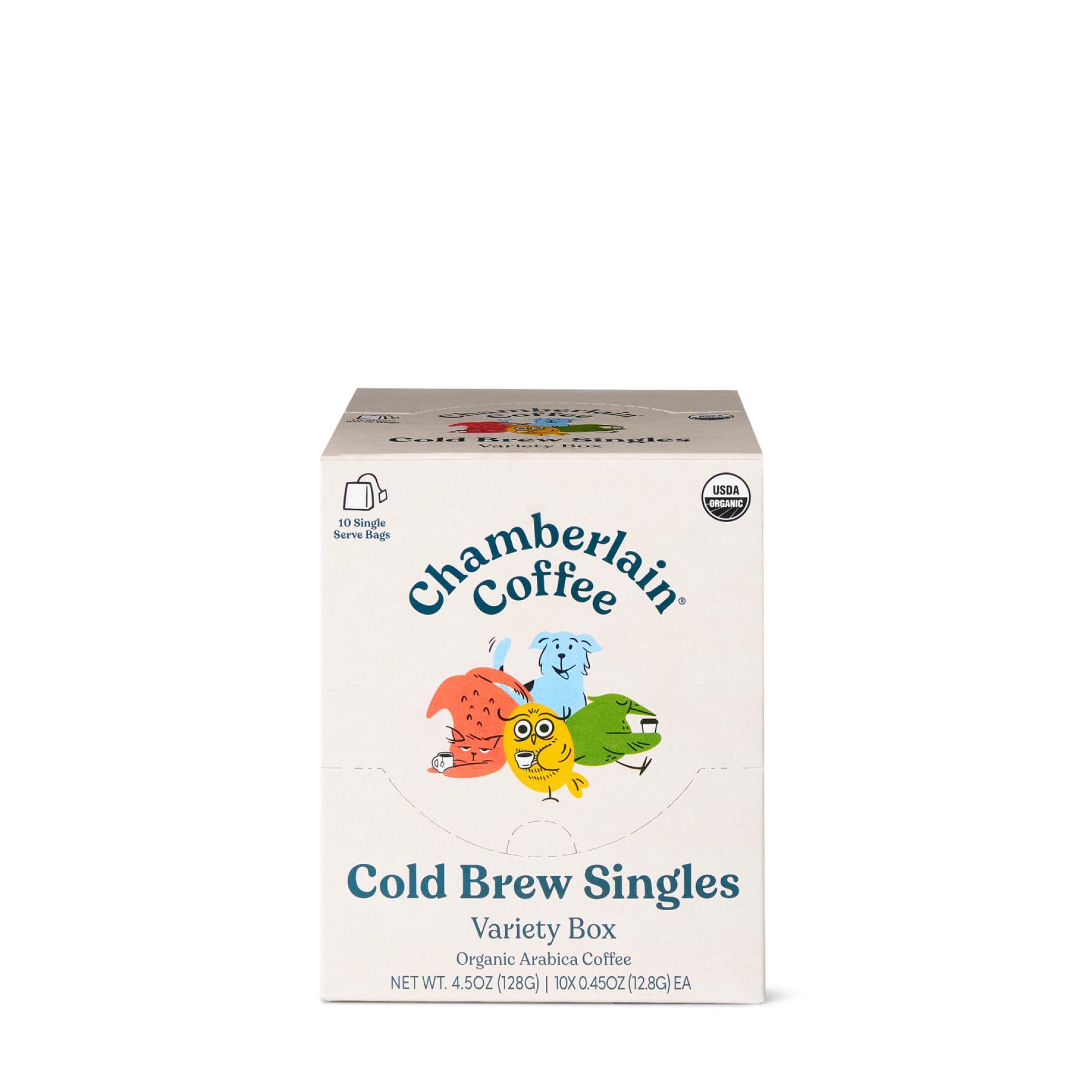 Chamberlain Coffee Chamberlain Coffee Variety Box Single Serve Bags - Includes 5 Blends, Original Family Blend, Early Bird Blend, Night Owl Blend, Careless Cat Blend, Social Dog Blend - 10 Single Serve Cold Brew Sachets