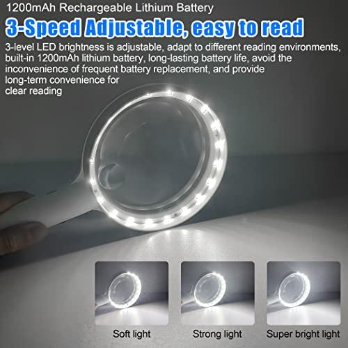 Nazano Magnifying Glass with Light, Handheld Illuminated Lighted Magnifying Glass with 20Leds, 3 Light Modes & Rechargeable USB Magnifier Seniors, Reading, Macular Degeneration, Exploring, Coins (White)