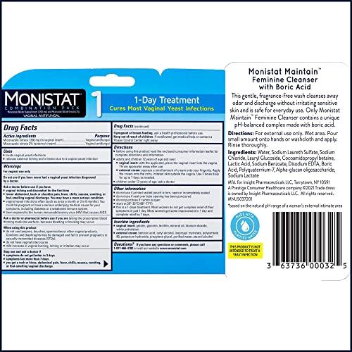 Monistat Monistat 1 Day Yeast Infection Treatment for Women, 1 Miconazole Ovule Insert & External Monistat Anti-Itch Cream Bundle + 10 fl oz Boric Acid Feminine Cleanser