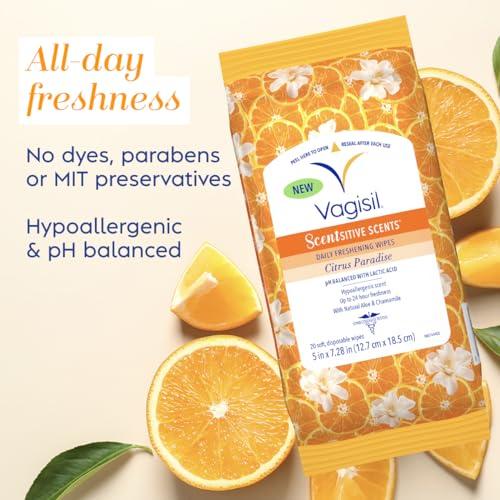 Vagisil Vagisil Scentsitive Scents Daily Feminine Intimate Wipes for Women, Gynecologist Tested, Citrus Paradise, 20 Wipes in Resealable Pouch (Pack of 1)