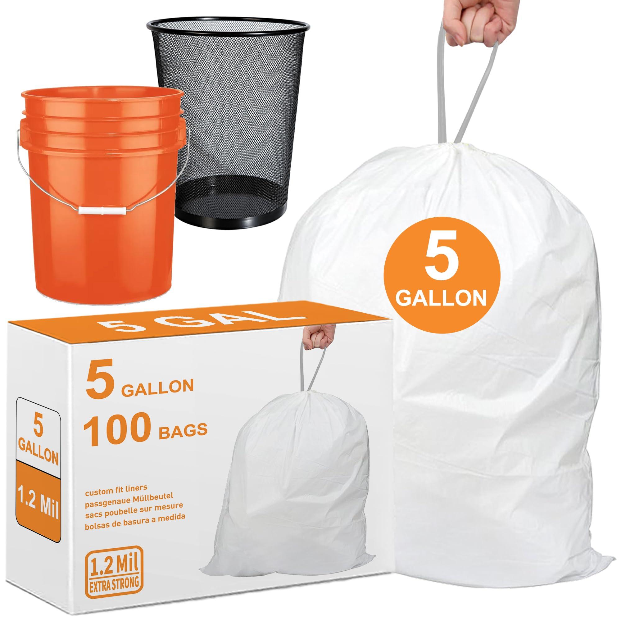 Joylake 5 Gallon Heavy Duty Trash Bags 1.2 Mil THICK Reinforced Drawstring | Pre-Separated Liners for Kitchen, Bedroom, Bathroom Office for 5 Gallon Bucket & Mesh Trash Can | Tear & Leak Resistant 100 Count