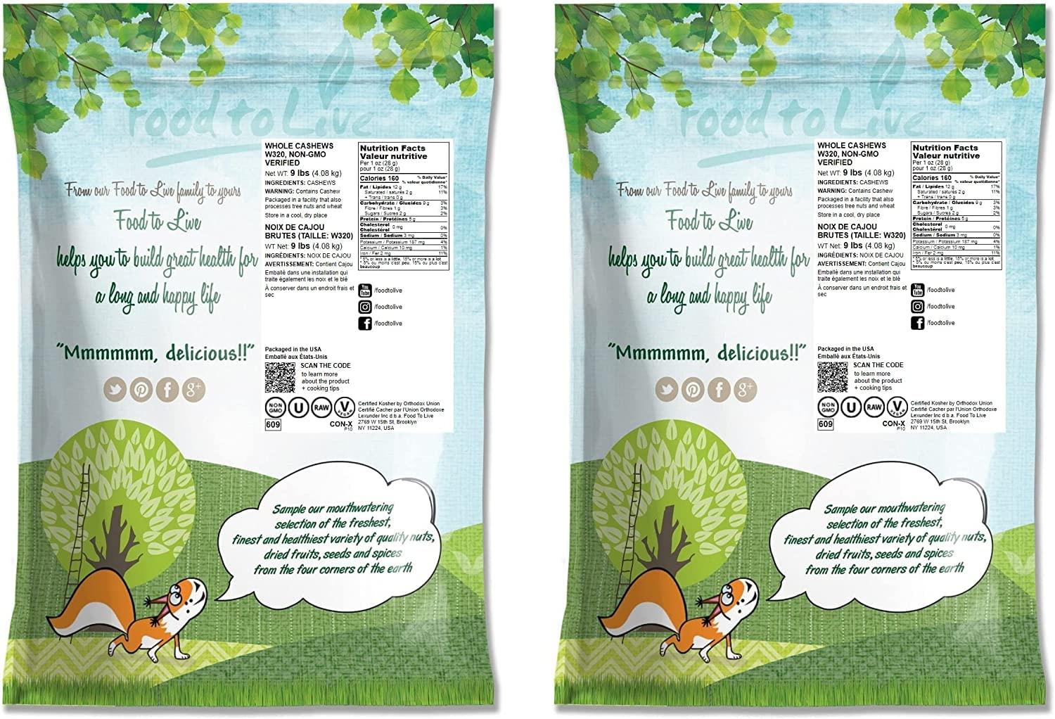 Food to Live Food to Live - Cashew Nuts, 18 Pounds Non-GMO Verified, Large Size W240, Whole Nuts, Unsalted, Kosher, Raw, Vegan, Bulk