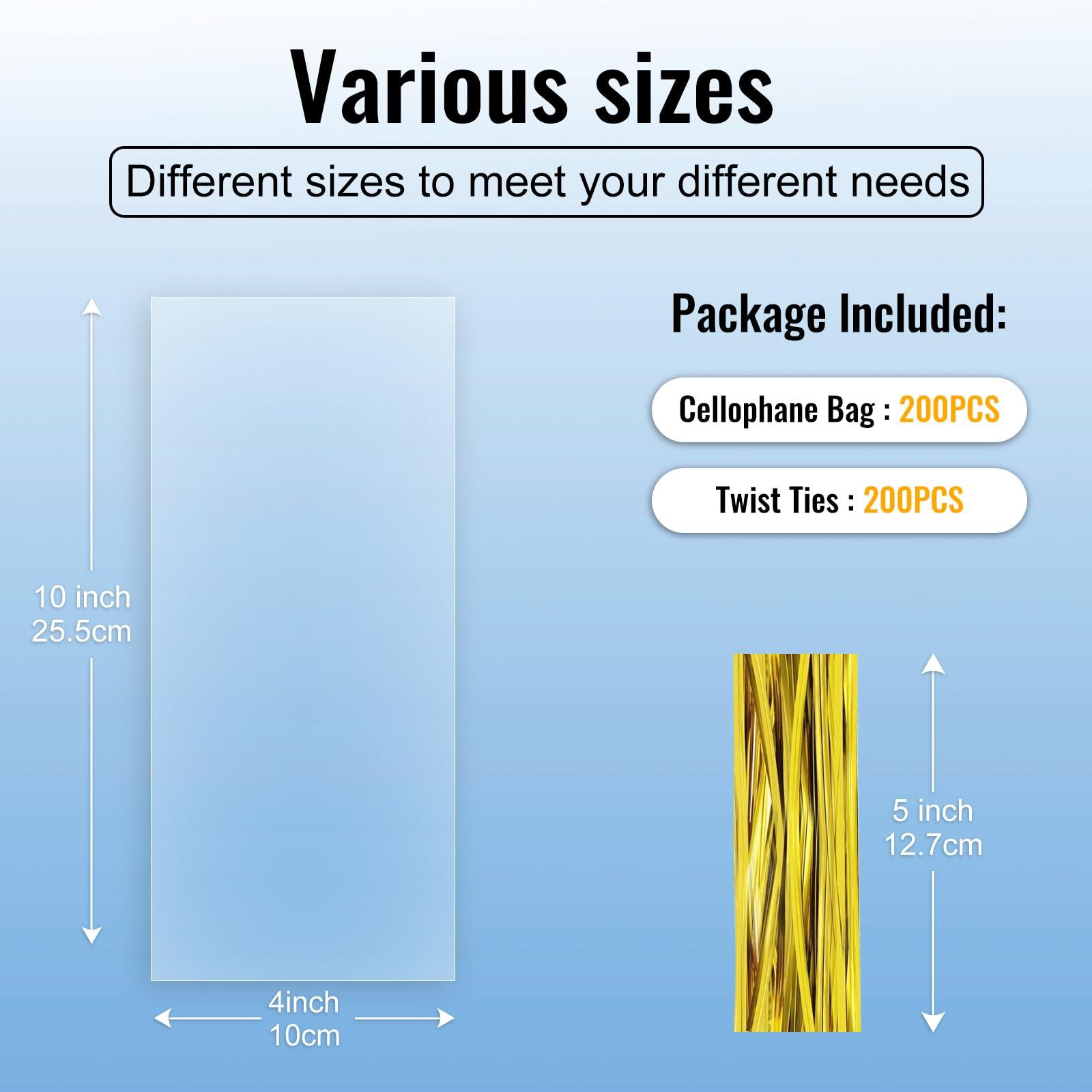 MORIDA MORIDA 200pcs 4X10 inch Cellophane Bags Cellophane Treat Bags Clear Gift Bags Cake Pop Bags Candy Bags Cello Bags for Party Favors Goodie Favor Bakery Cookie with 5\" Twist Ties