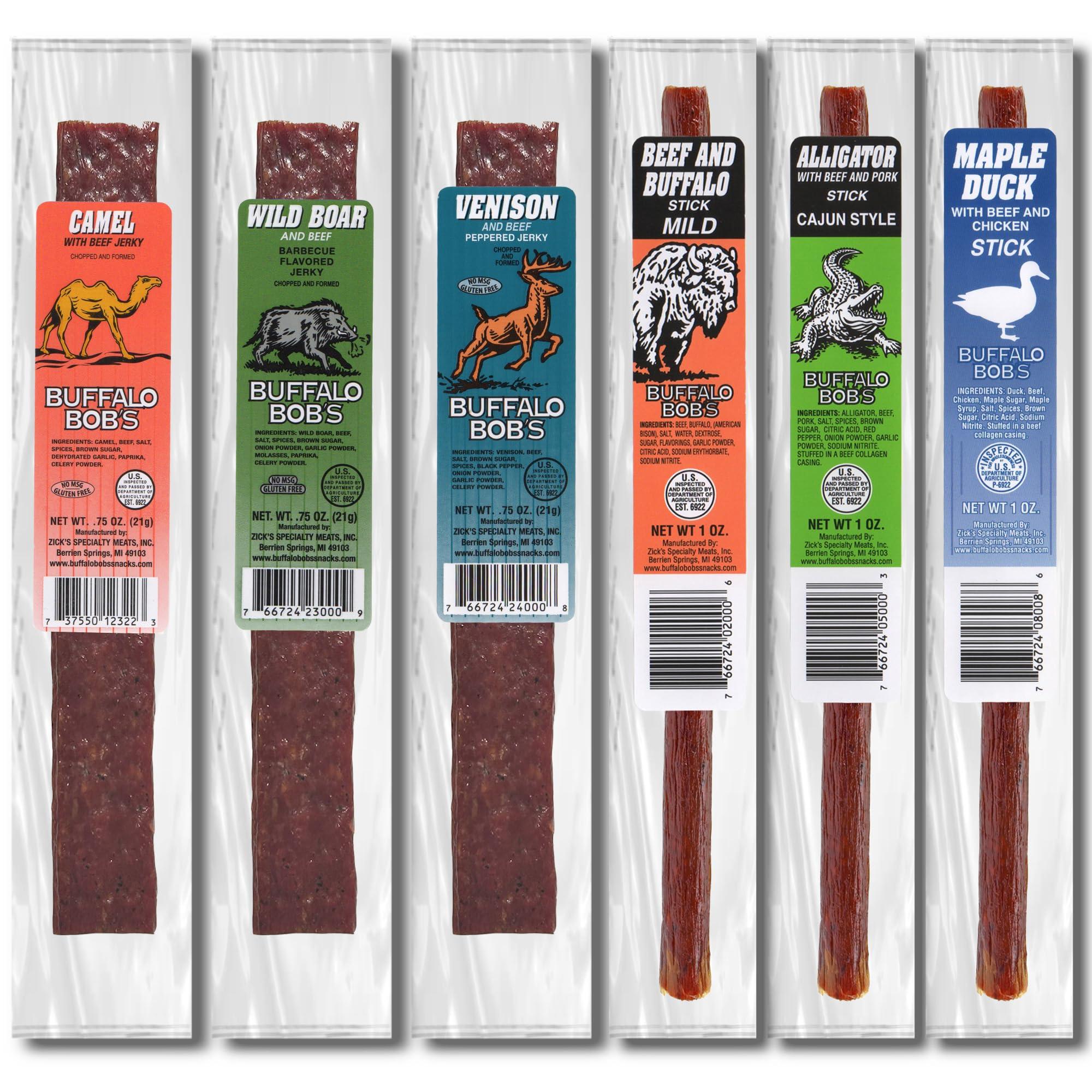 Jerky-n-Spice Buffalo Bob\'s Wild Game Meat Snacks (6 Pack), Beef Jerky Variety Pack, Jerky Gift Baskets for Fathers/Dad, Exotic Random Jerky Sampler Set, Mens Hunting Stocking Stuffers, Jerky Gift Set
