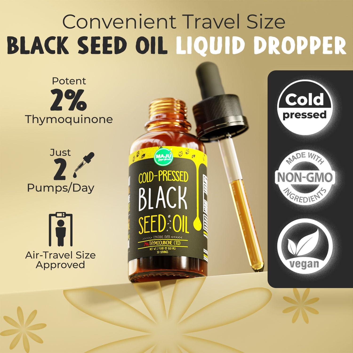 Maju Superfoods MAJU Black Seed Oil - 3 Times TQ, Cold-Pressed, Travel Size, 100% Turkish Black Cumin Seed Oil, Liquid Pure Blackseed Oil, Glass Bottle, 2 oz