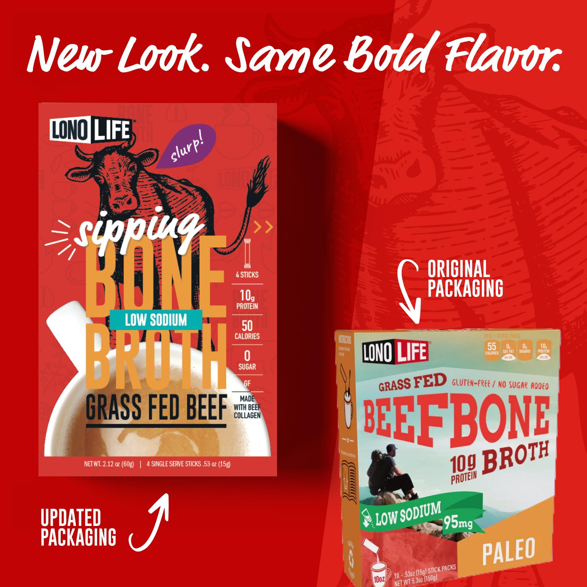 LONOLIFE LonoLife Low Sodium Beef Bone Broth Powder Mix | Grass-Fed, 10g Protein | Collagen-Rich, Keto & Paleo Friendly | Natural Ingredients | 4 Portable Stick Pack Servings