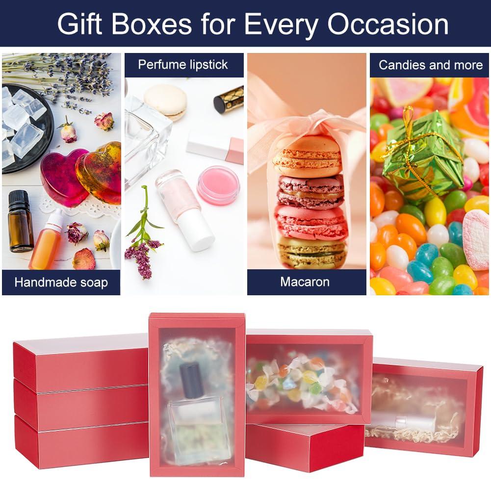 BENECREAT BENECREAT 12 Pack Red Rectangle Drawer Kraft Boxes, 17.2x10.2x4.2cm/6.77x4.02x1.65 inch Present Packaging Boxes with Frosted PVC Windows for Chocolates, Handmade Soap, Cosmetic Samples