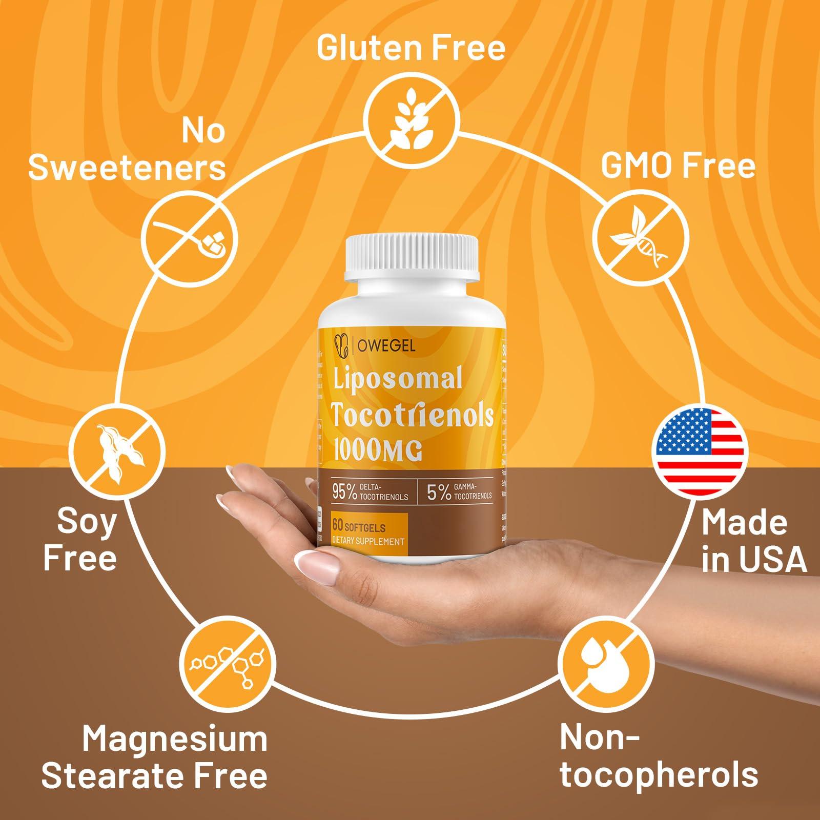 owegel Liposomal Tocotrienols 1000mg - High Bioavailability Vitamin E Tocotrienols Supplements,95% Delta & 5% Gamma Tocotrienol Capsules Support Cardiovascular,Skin,Bone,Antioxidant,300 Softgels