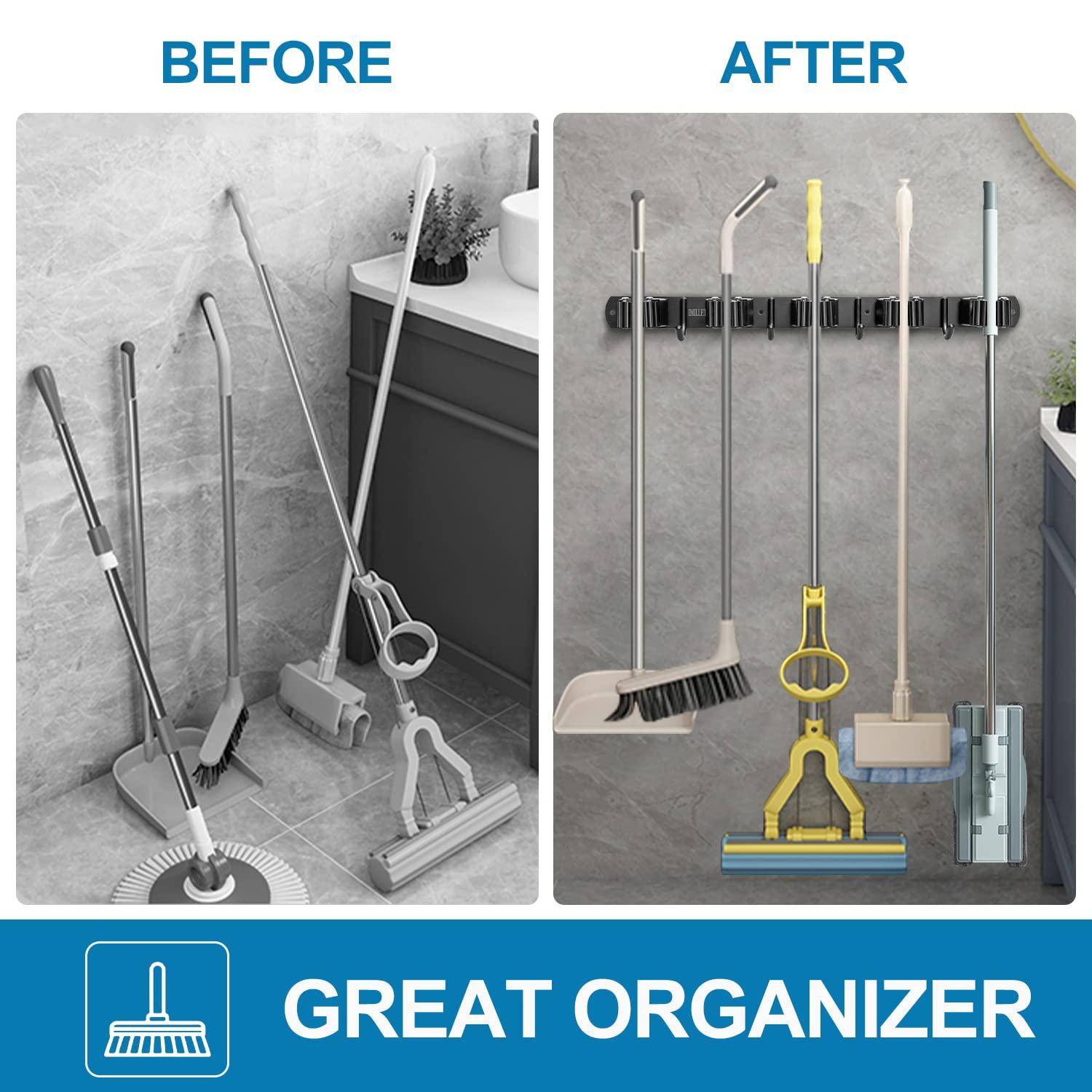 IMILLET IMILLET Plastic Mop and Broom Holder 2 Pack, Stainless Steel Broom Holder 1 Pack Black