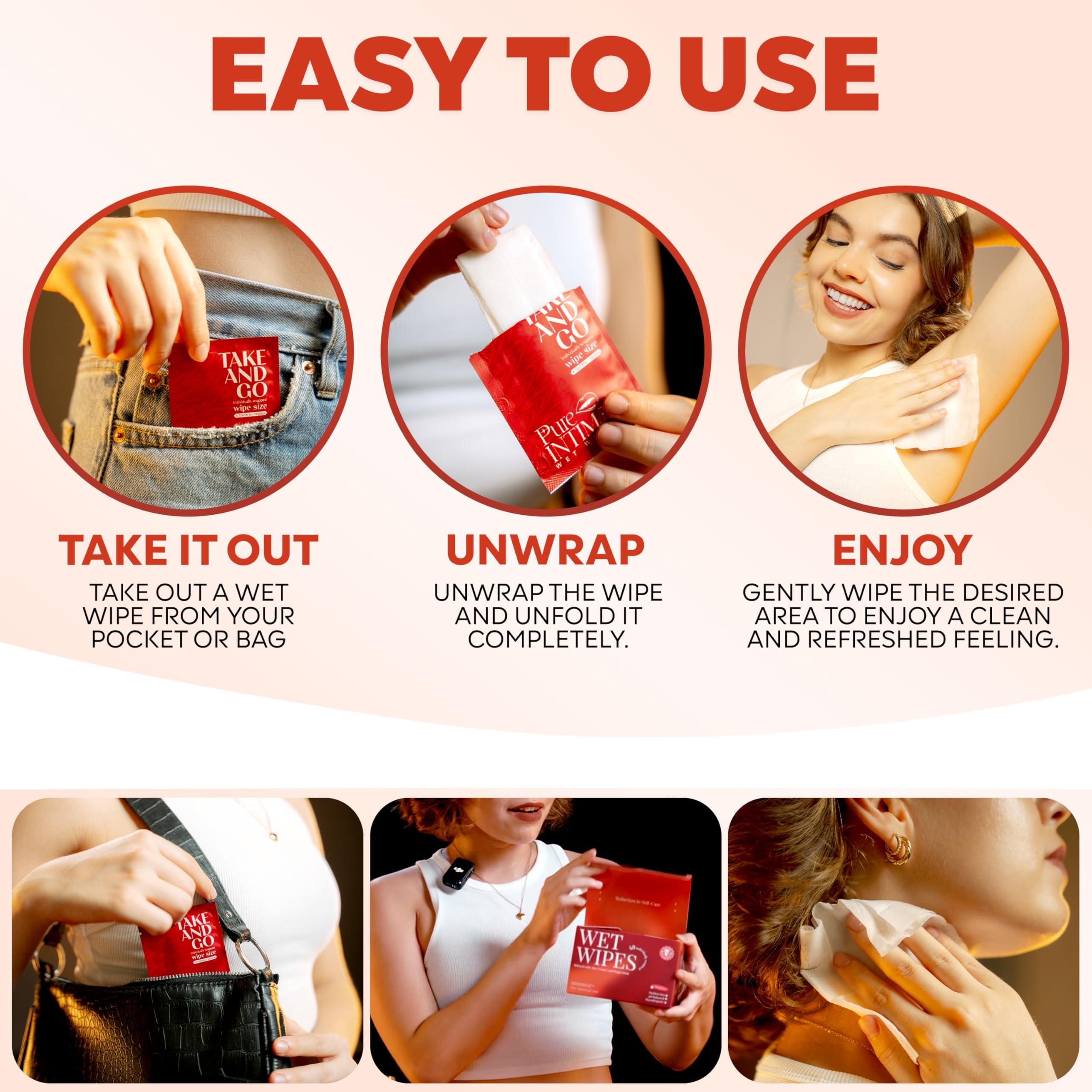 PureIntima PureIntima Feminine Wipes Individually Wrapped 40 Pack - Flushable Wipes Travel Essentials For Women - Feminine Care Wet Wipes Travel Size Toiletries - Wipes For Adults - Purse Essentials - Toallitas