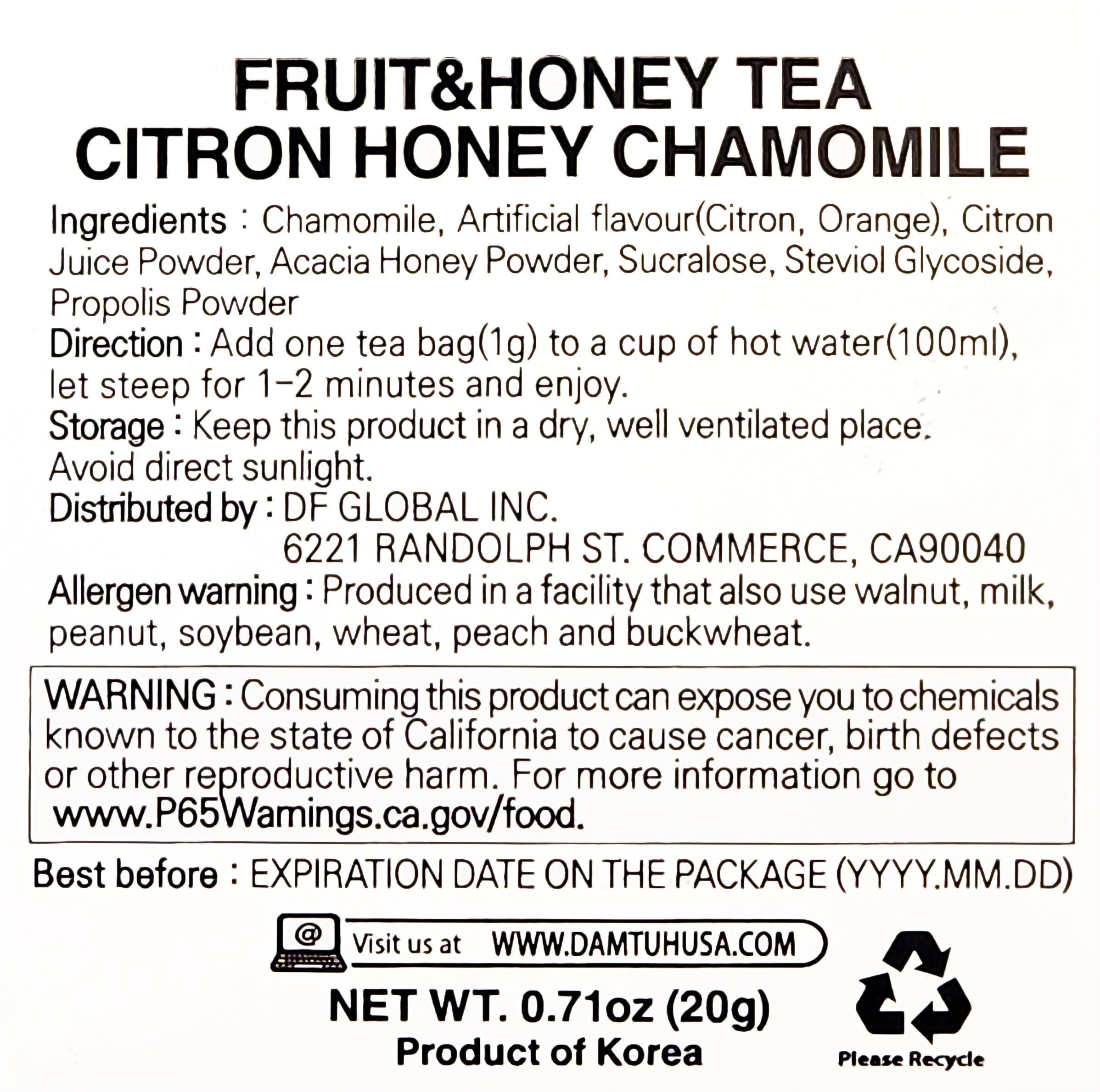 Damtuh Damtuh Citron Honey Chamomile Tea Bag Zero Calorie Zero Sugar 20g x 20 Count (Pack of 1)