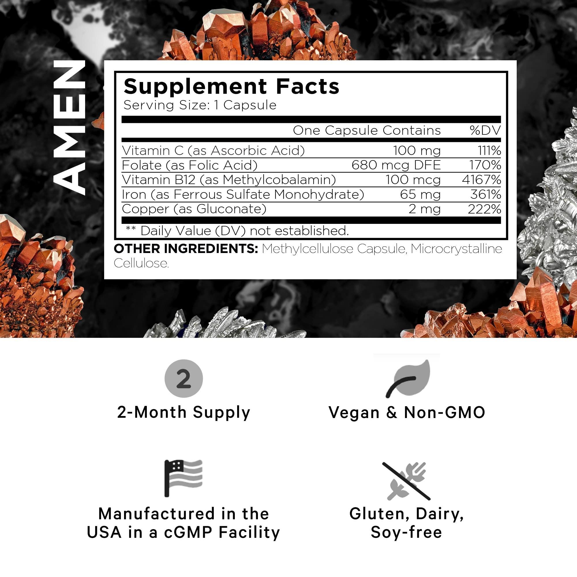 Amen Amen Iron Ultra Supplement + Copper, Folate, Vitamin C and Vitamin B12-2-Month Supply - Ferrous Sulfate Iron Vitamin - Iron 65mg Per Serving - Iron Folic Acid - Non-GMO Iron Pills - 60 Capsules