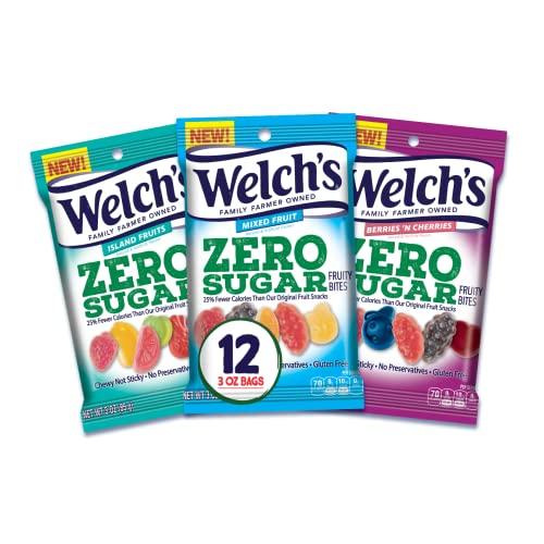 Welch's Welch’s Fruit Snacks, Zero Sugar Variety Pack with Mixed Fruit, Berries 'N Cherries & Island Fruits, Gluten Free, 3 oz (pack of 12)