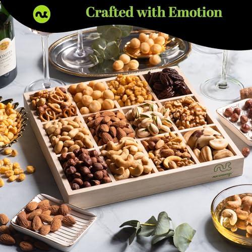 Nut Cravings NUT CRAVINGS Gourmet Collection - Thank You Nuts Gift Basket with TY Ribbon + Greeting Card in Reusable Wooden Tray (12 Assortments) Food Platter Appreciation Care Package Kosher