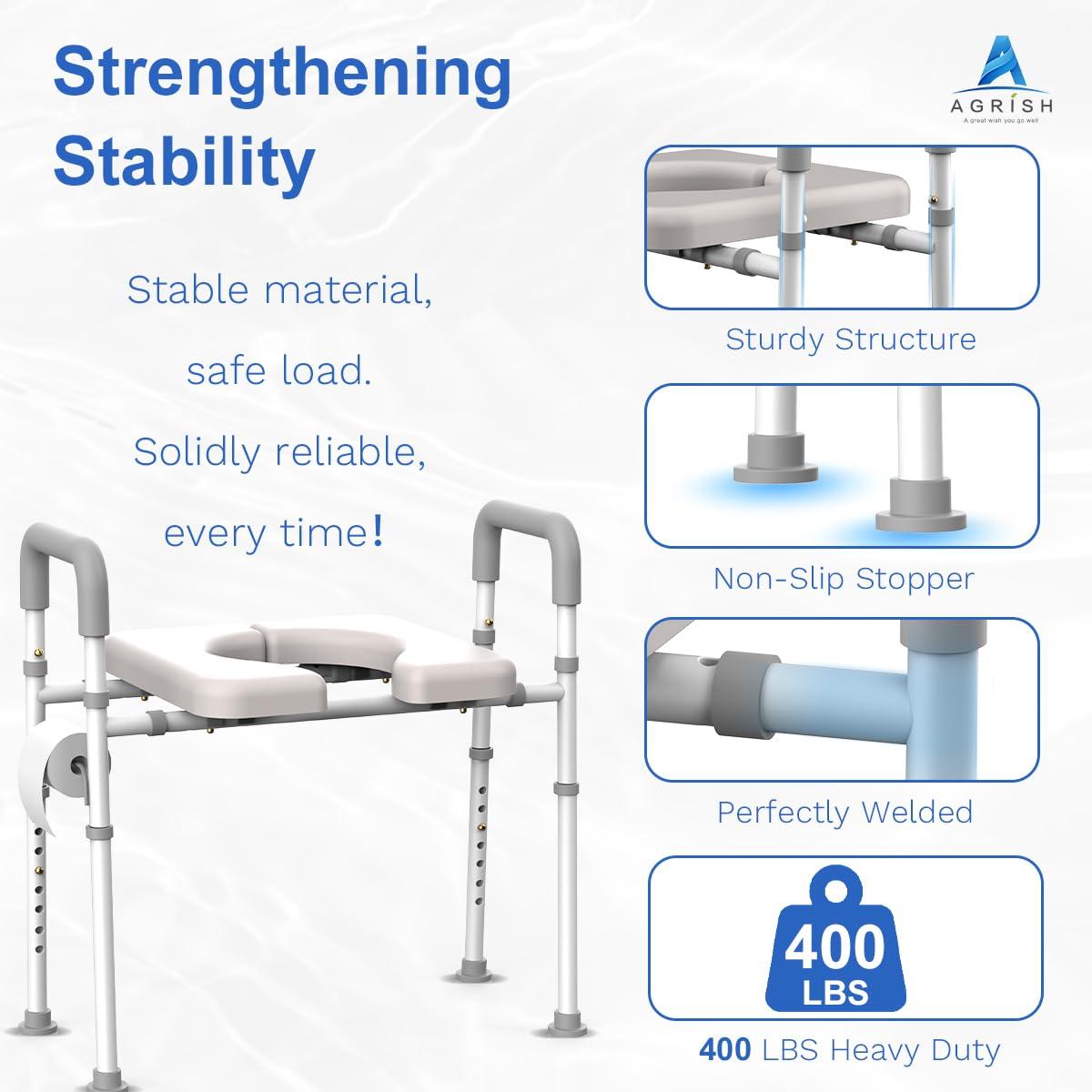 Agrish Agrish Raised Toilet Seat with Handles - Width and Height Adjustable Padded Toilet Seat Risers for Seniors, Bariatric, Handicap, Heavy Duty 350lbs Raised Toilet Seat, Fit Any Toilet