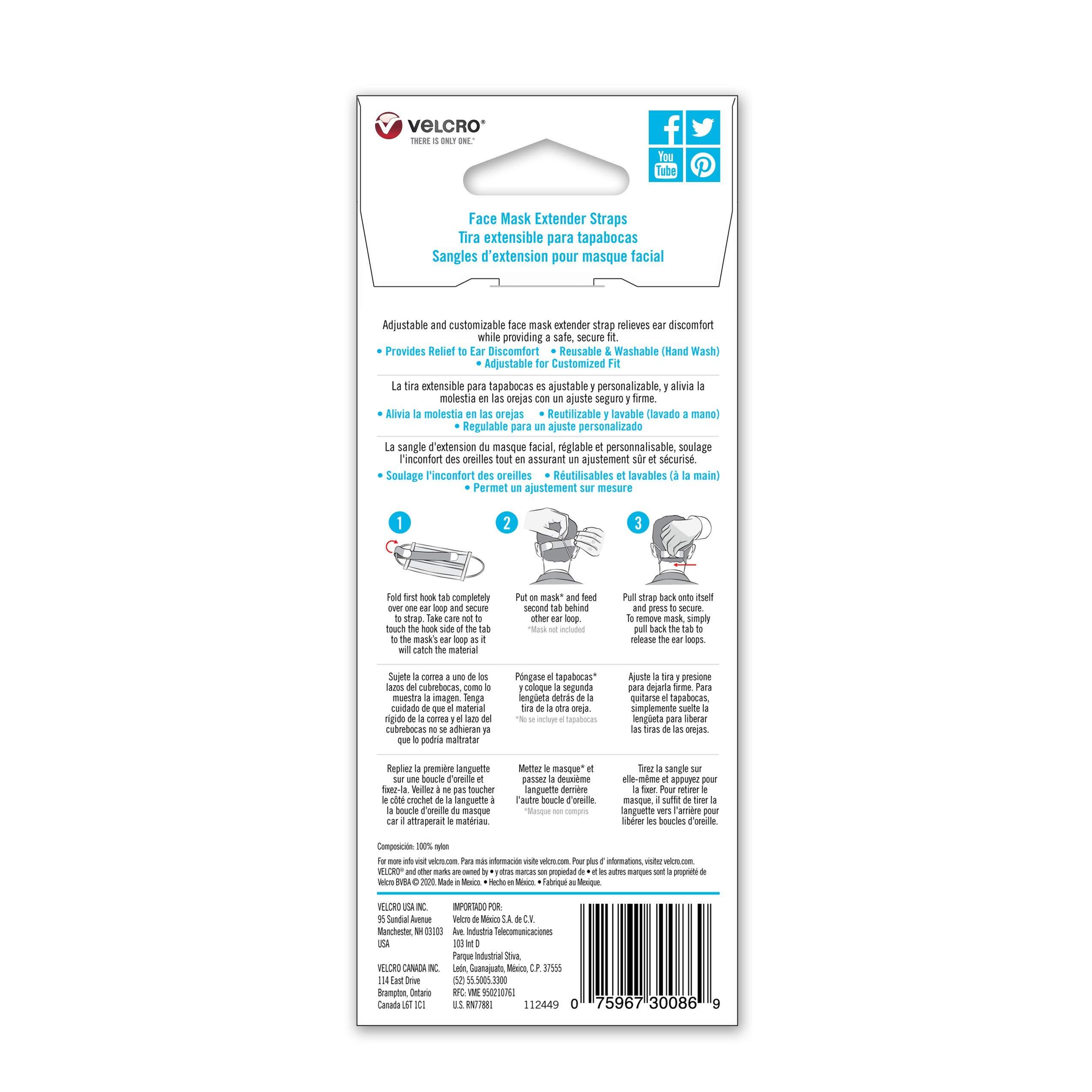 VELCRO Brand VELCRO Brand Face Mask Extender Straps 4pk Multi-Color, 12” x 1” Comfortable and Adjustable Ear Savers, VEL-30086-USA